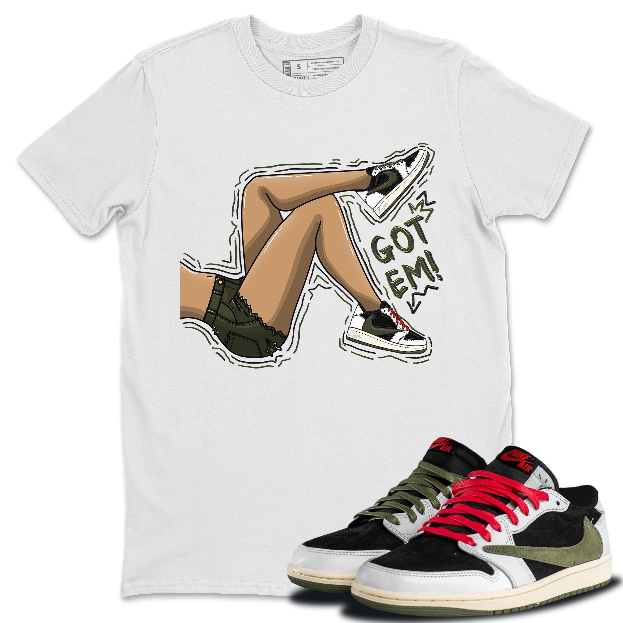 Air Jordan 1 Travis Scott Olive Sneaker Match Tees Got Em Legs Streetwear Sneaker Shirt AJ1 Travis Scott Olive Sneaker Release Tees Unisex Shirts White 1