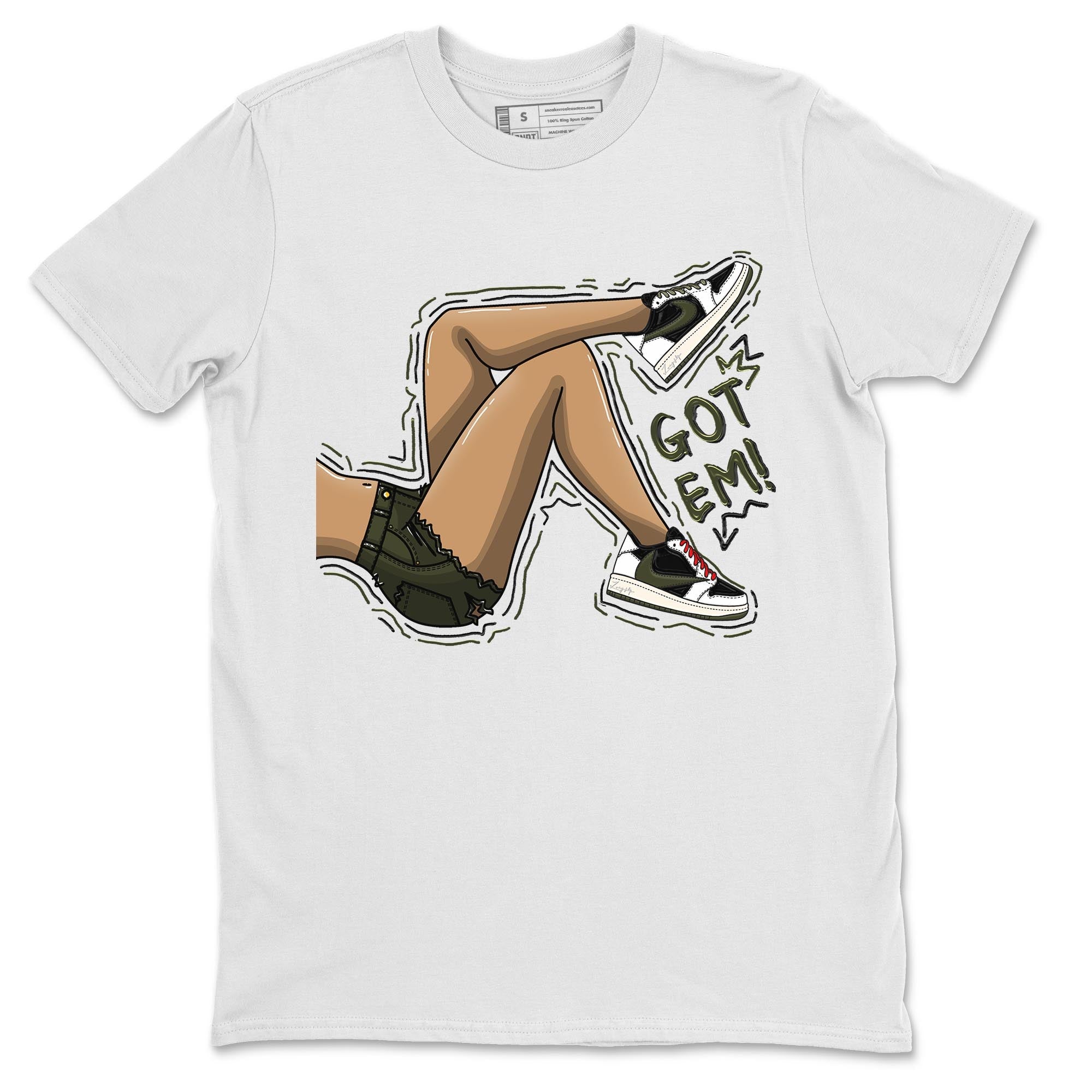 Air Jordan 1 Travis Scott Olive Sneaker Match Tees Got Em Legs Streetwear Sneaker Shirt AJ1 Travis Scott Olive Sneaker Release Tees Unisex Shirts White 2