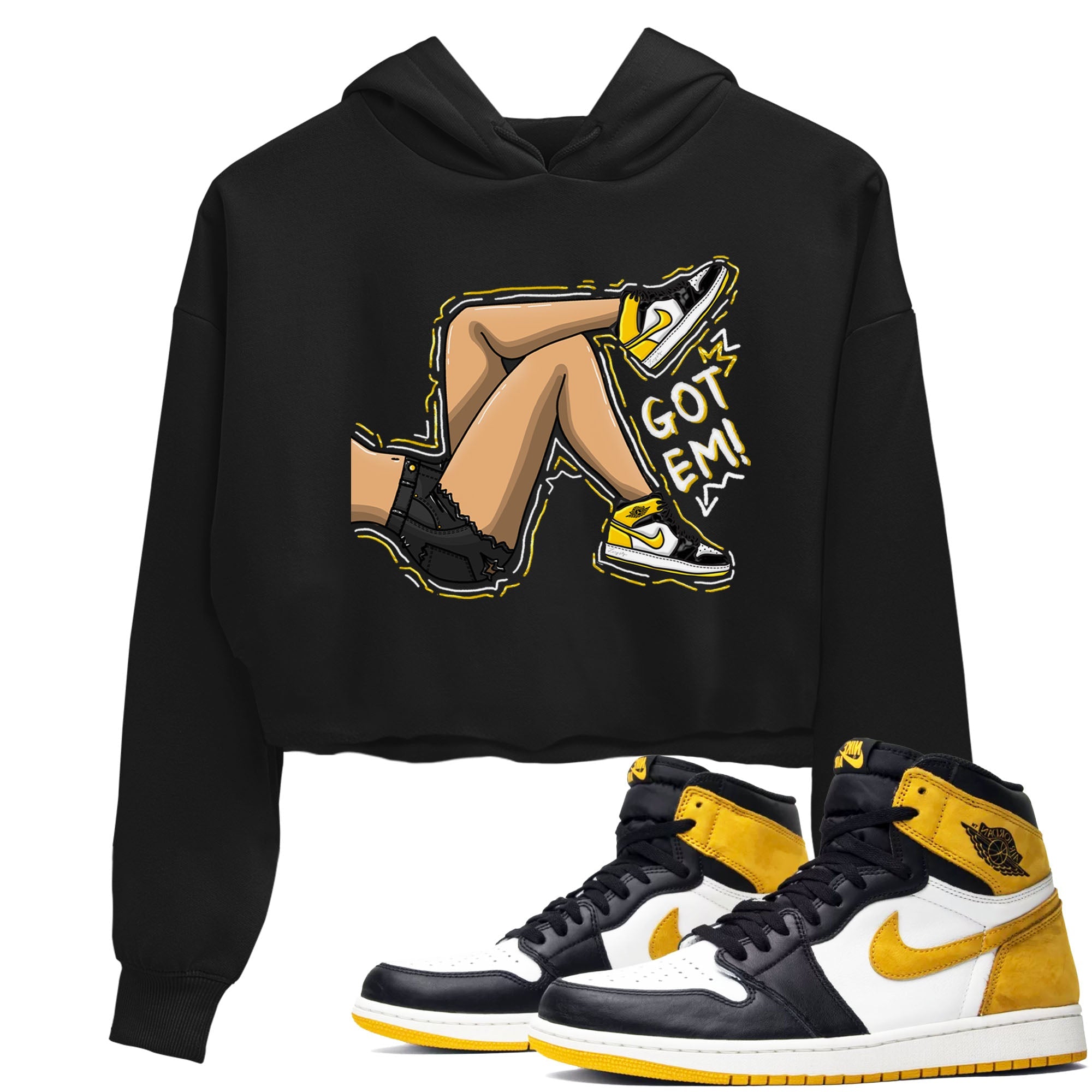 1s Yellow Ochre shirt to match jordans Got Em Legs sneaker tees Air Jordan 1 High OG Yellow Ochre Drip Gear Zone Black 1 crop length shirt