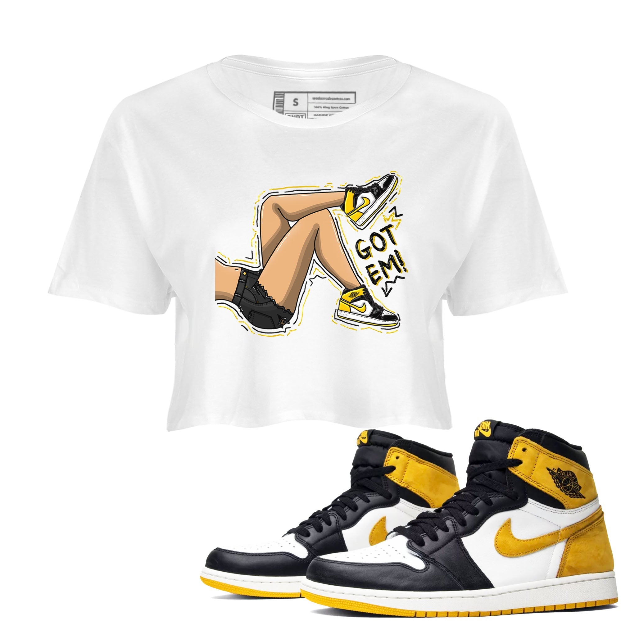 1s Yellow Ochre shirt to match jordans Got Em Legs sneaker tees Air Jordan 1 High OG Yellow Ochre Drip Gear Zone White 1 crop length shirt