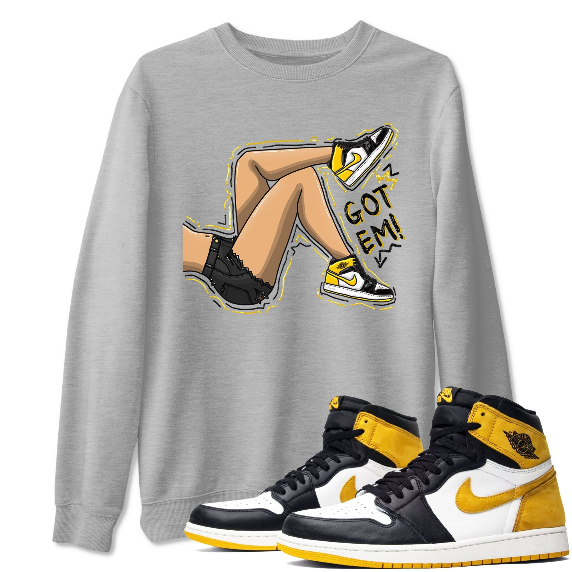 1s Yellow Ochre shirt to match jordans Got Em Legs sneaker tees Air Jordan 1 High OG Yellow Ochre Drip Gear Zone unisex cotton Heather Grey 1 crew neck shirt
