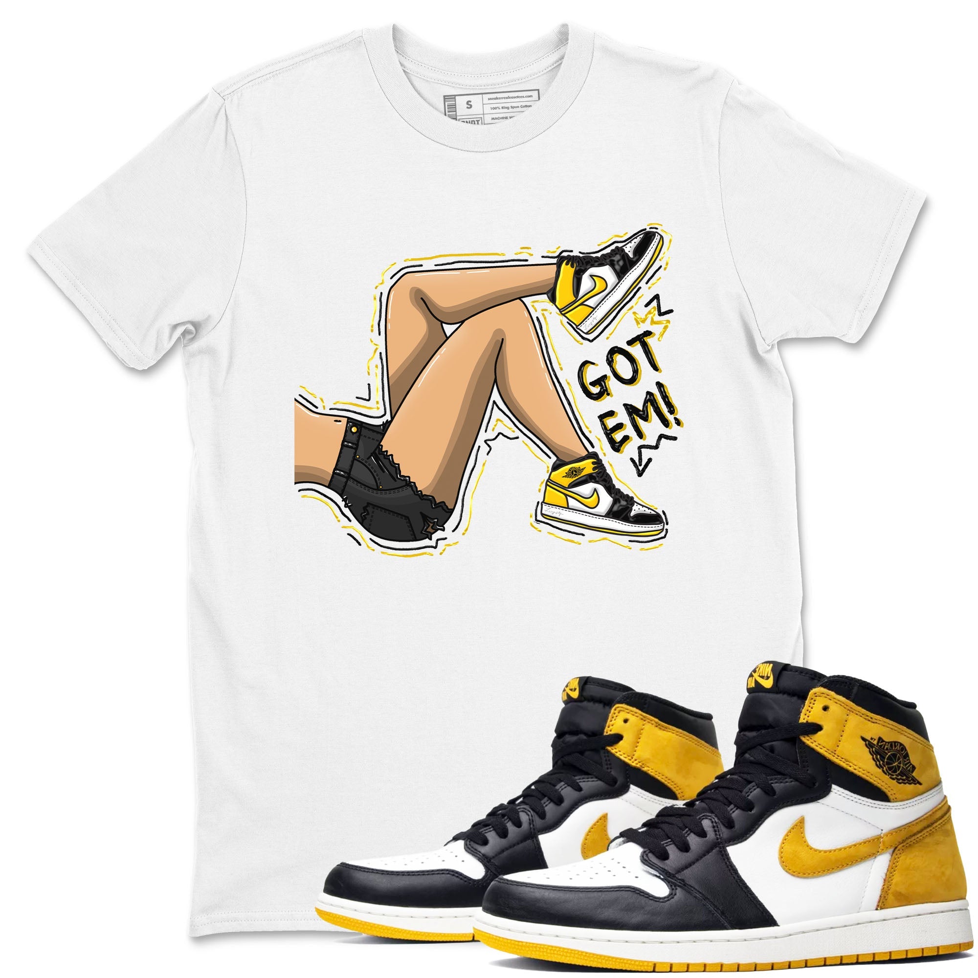 1s Yellow Ochre shirt to match jordans Got Em Legs sneaker tees Air Jordan 1 High OG Yellow Ochre Drip Gear Zone unisex cotton White 1 crew neck shirt