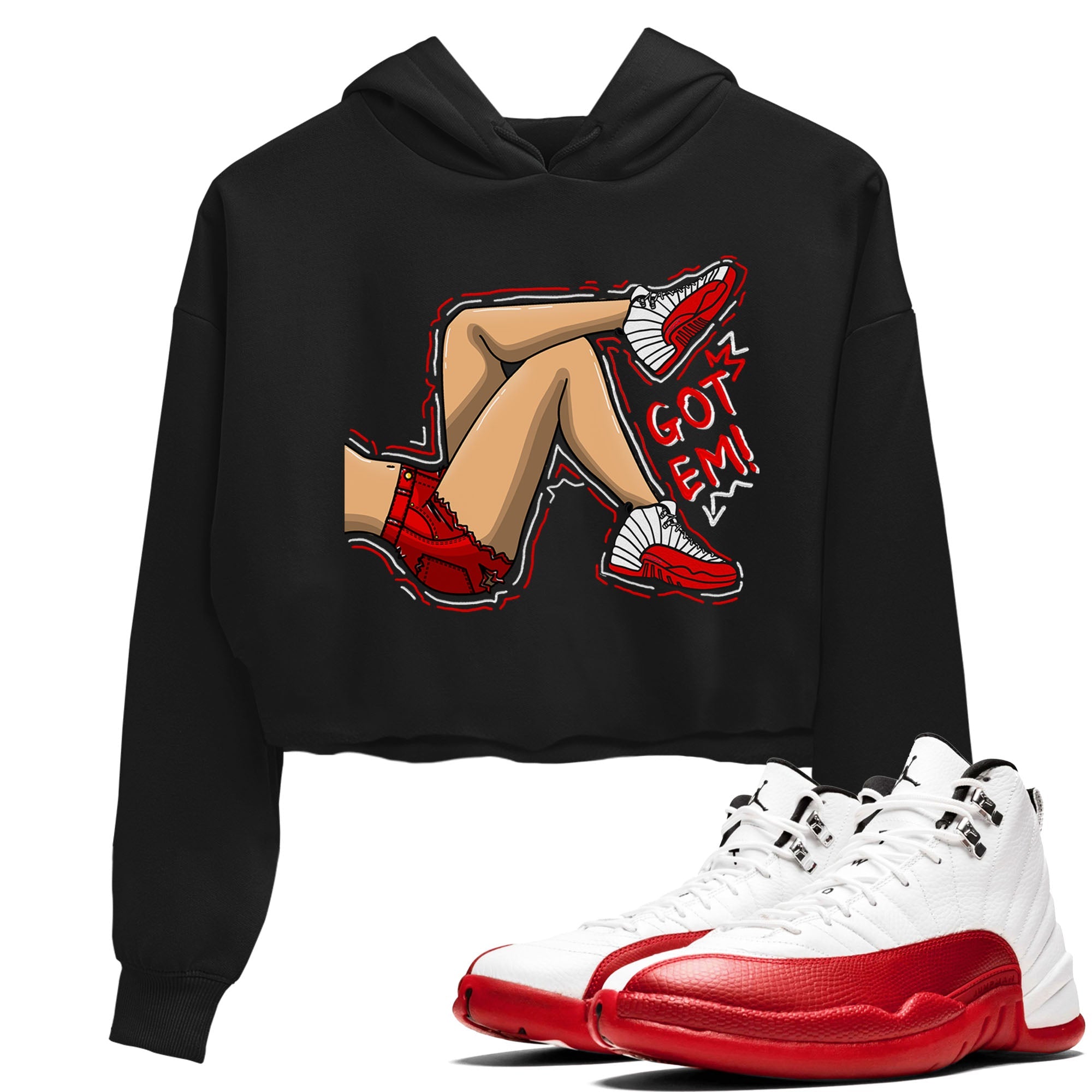 Jordan 12 Retro Cherry shirt to match jordans Varsity Red Got Em Legs special sneaker matching tees 12s Cherry Drip Gear Zone Black 1 Crop T-Shirt
