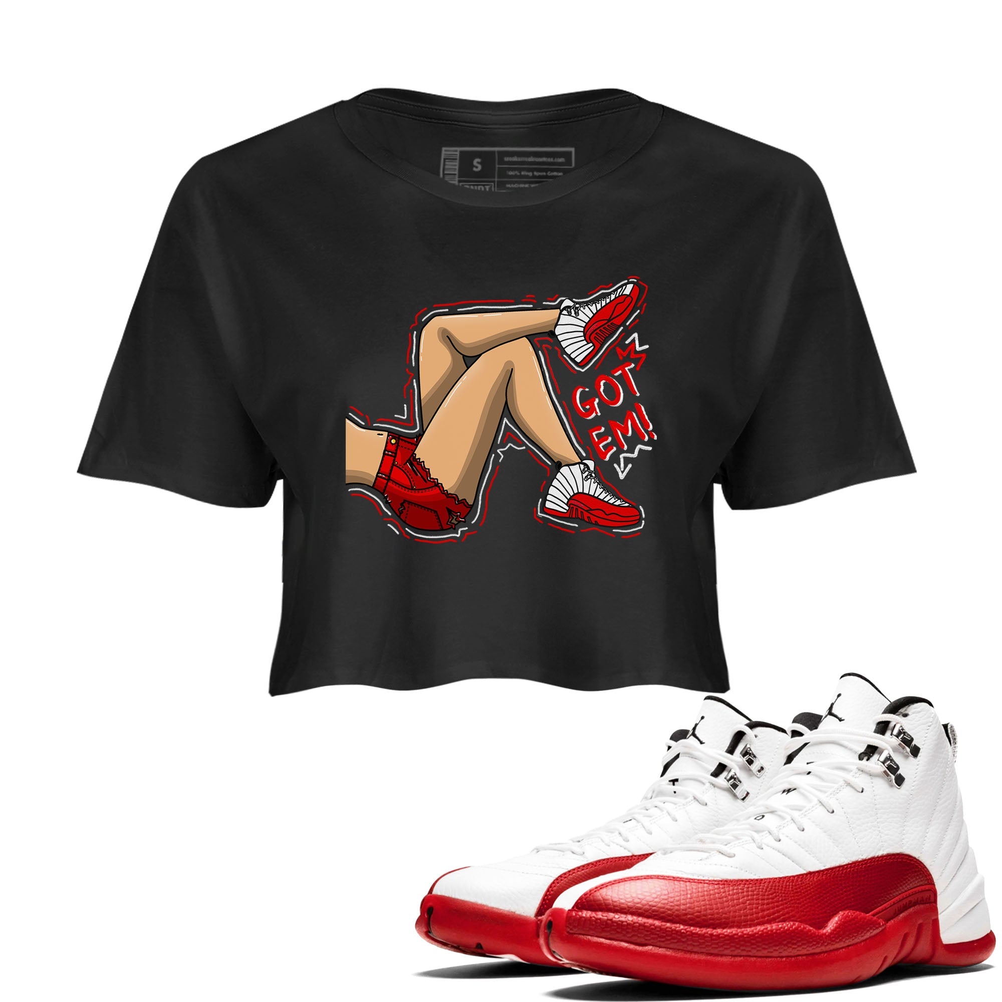 Jordan 12 Retro Cherry shirt to match jordans Varsity Red Got Em Legs special sneaker matching tees 12s Cherry Drip Gear Zone Black 1 Crop T-Shirt