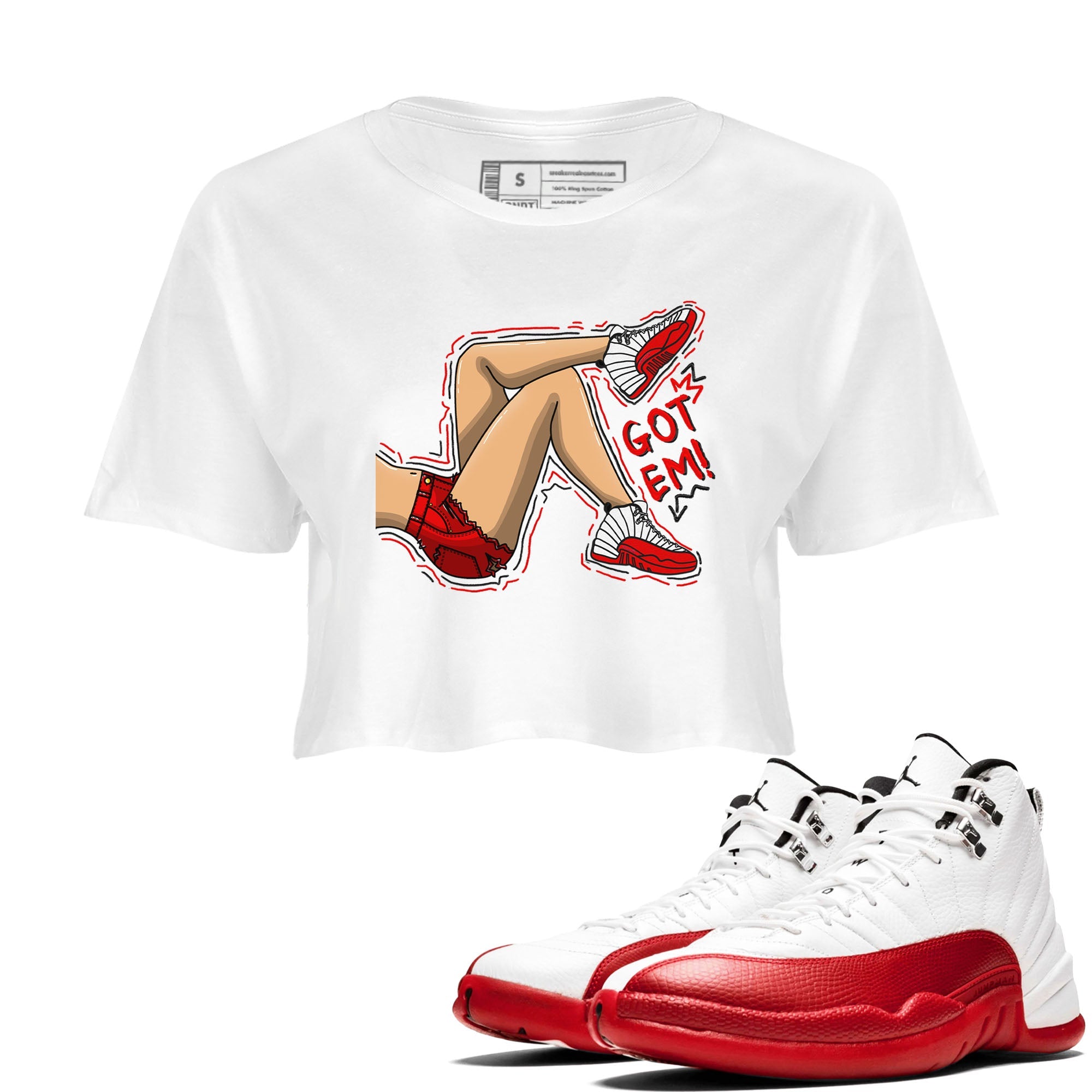 Jordan 12 Retro Cherry shirt to match jordans Varsity Red Got Em Legs special sneaker matching tees 12s Cherry Drip Gear Zone White 1 Crop T-Shirt