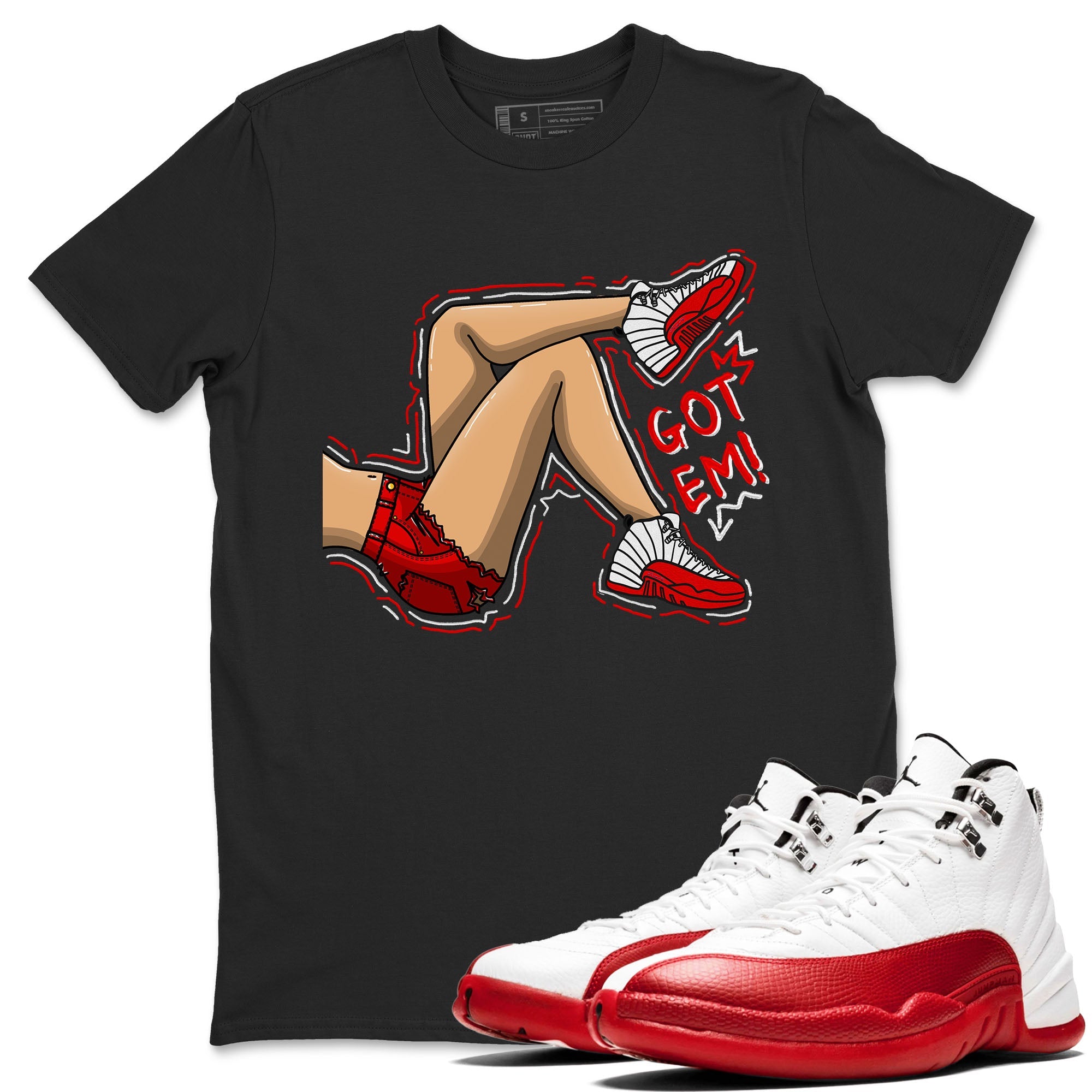 Jordan 12 Retro Cherry shirt to match jordans Varsity Red Got Em Legs special sneaker matching tees 12s Cherry Drip Gear Zone Unisex Black 1 T-Shirt