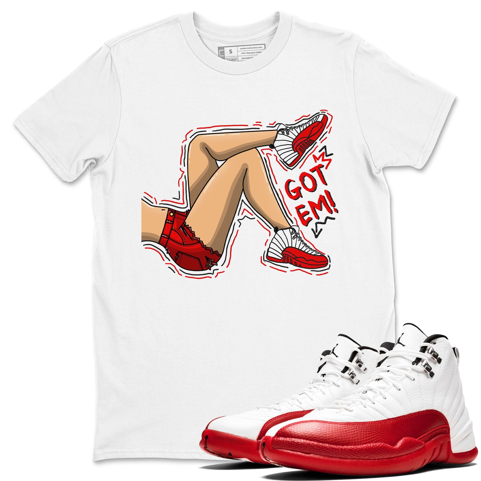 Jordan 12 Retro Cherry shirt to match jordans Varsity Red Got Em Legs special sneaker matching tees 12s Cherry Drip Gear Zone Unisex White 1 T-Shirt