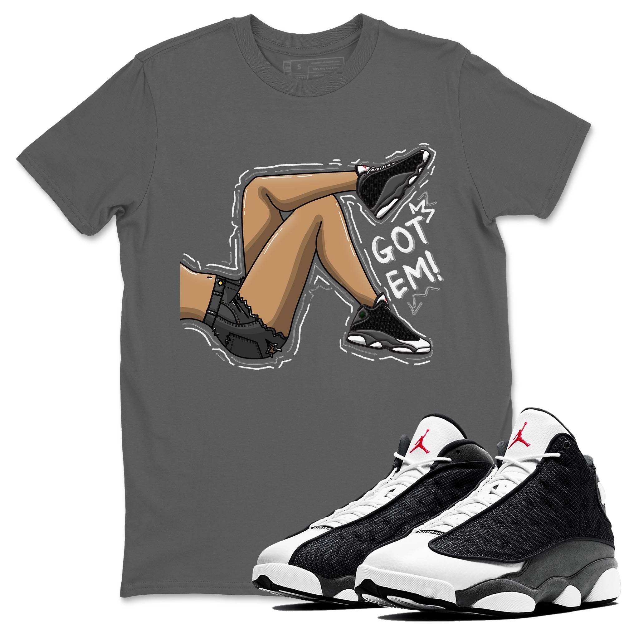 Air Jordan 13 Black Flint Got Em Legs Crew Neck Streetwear Sneaker Shirt AJ 13s Black Flint Sneaker T-Shirts Size Chart