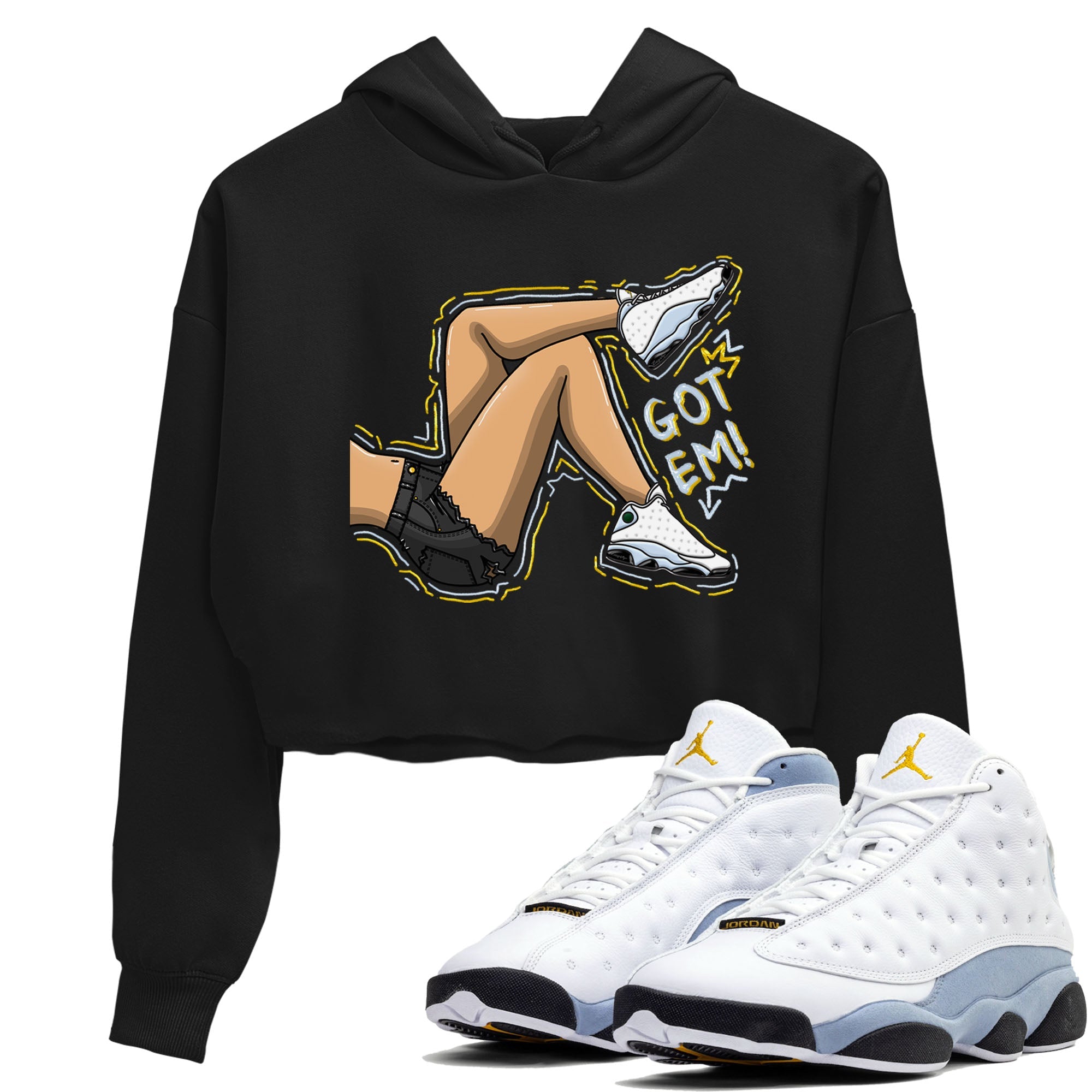 13s Blue Grey shirt to match jordans Got Em Legs sneaker tees Air Jordan 13 Blue Grey Drip Gear Zone Black 1 crop length shirt