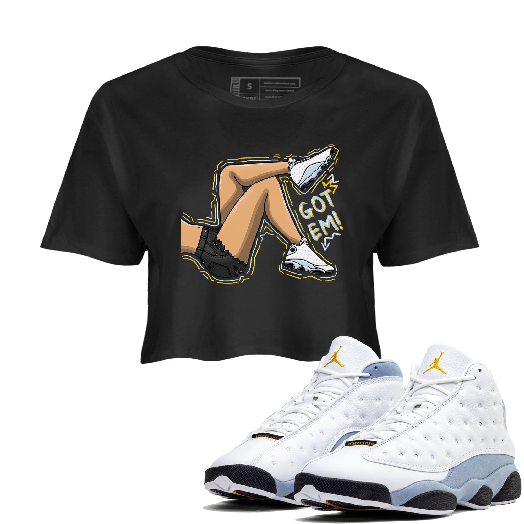 13s Blue Grey shirt to match jordans Got Em Legs sneaker tees Air Jordan 13 Blue Grey Drip Gear Zone Black 1 crop length shirt