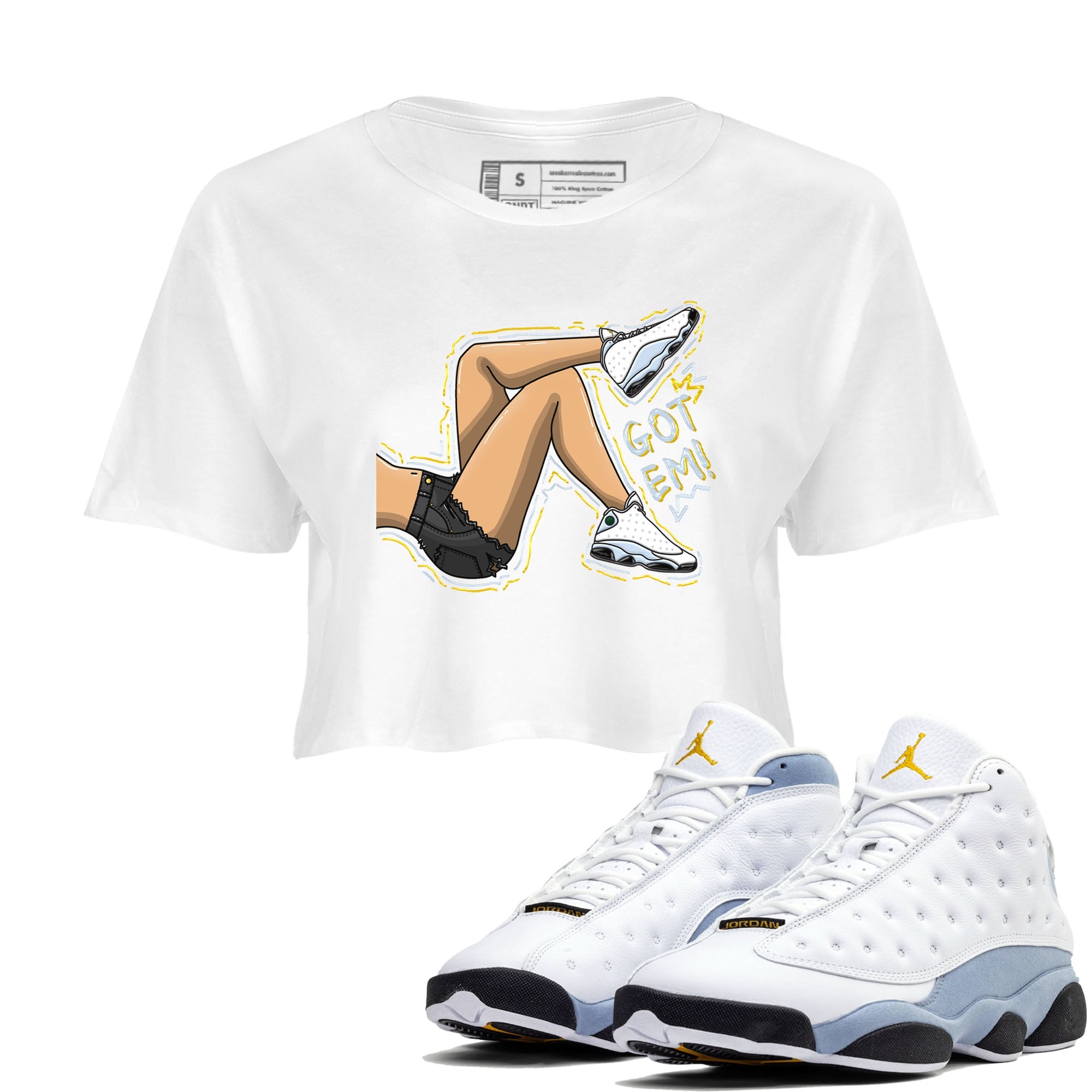 13s Blue Grey shirt to match jordans Got Em Legs sneaker tees Air Jordan 13 Blue Grey Drip Gear Zone White 1 crop length shirt