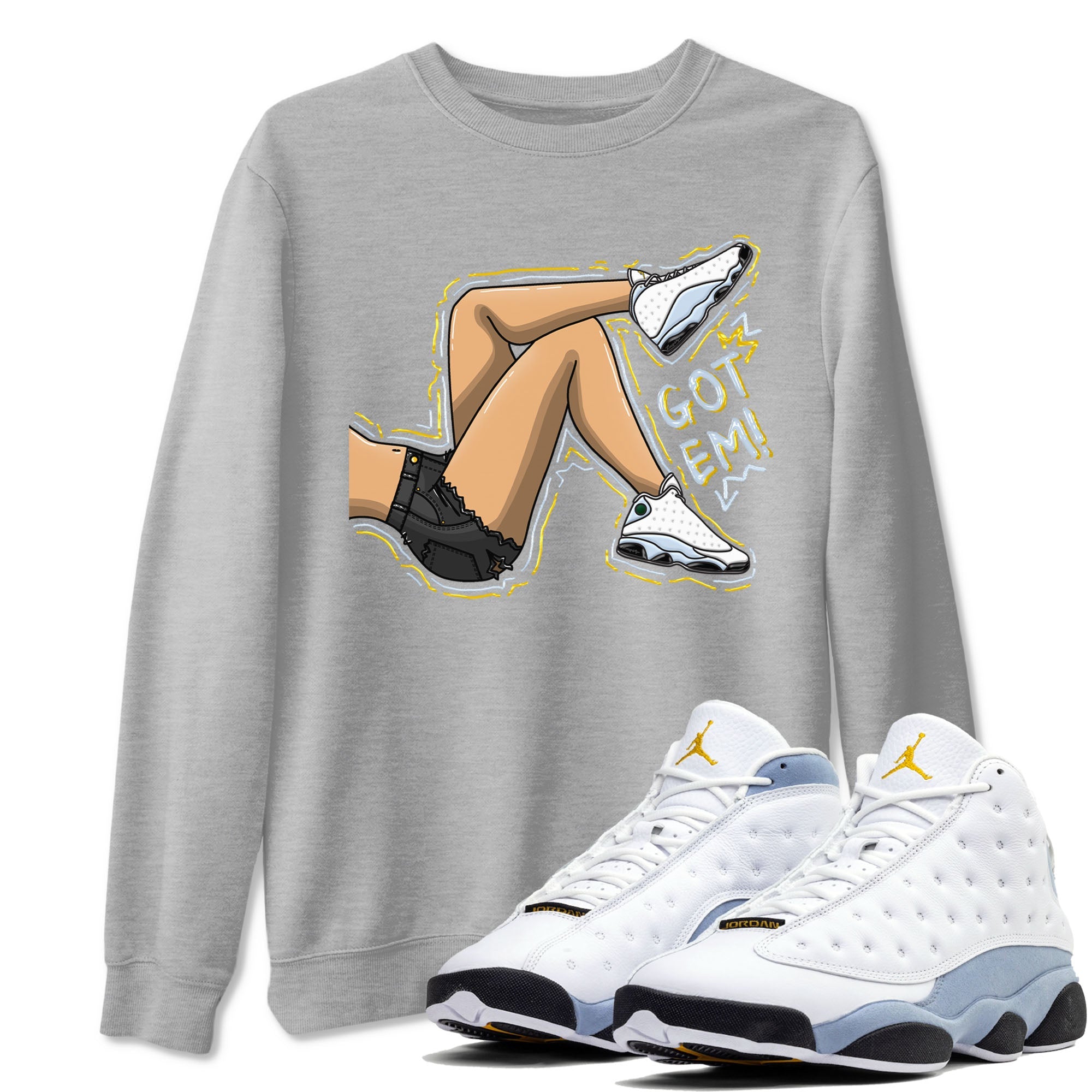 13s Blue Grey shirt to match jordans Got Em Legs sneaker tees Air Jordan 13 Blue Grey Drip Gear Zone unisex cotton Heather Grey 1 crew neck shirt