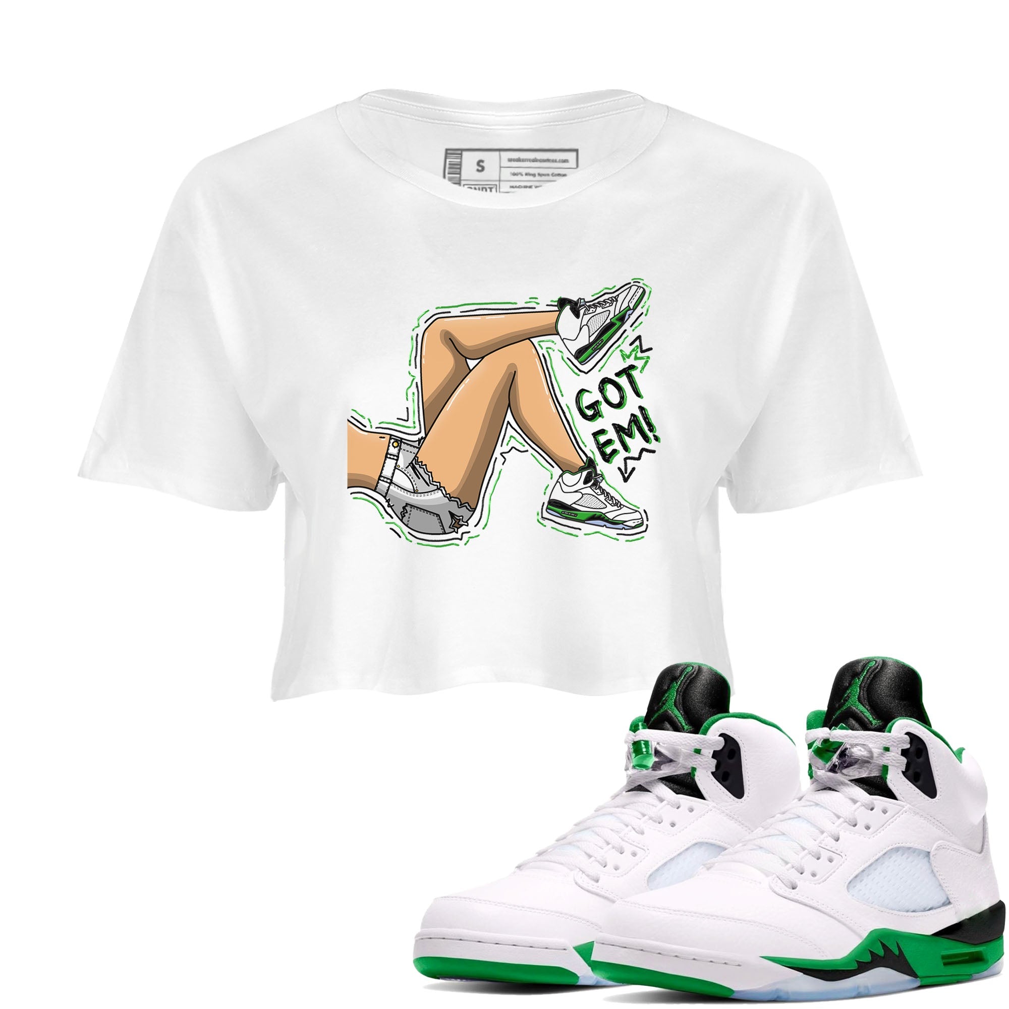 5s Lucky Green shirt to match jordans Got Em Legs sneaker tees Air Jordan 5 Lucky Green Drip Gear Zone White 1 crop length shirt
