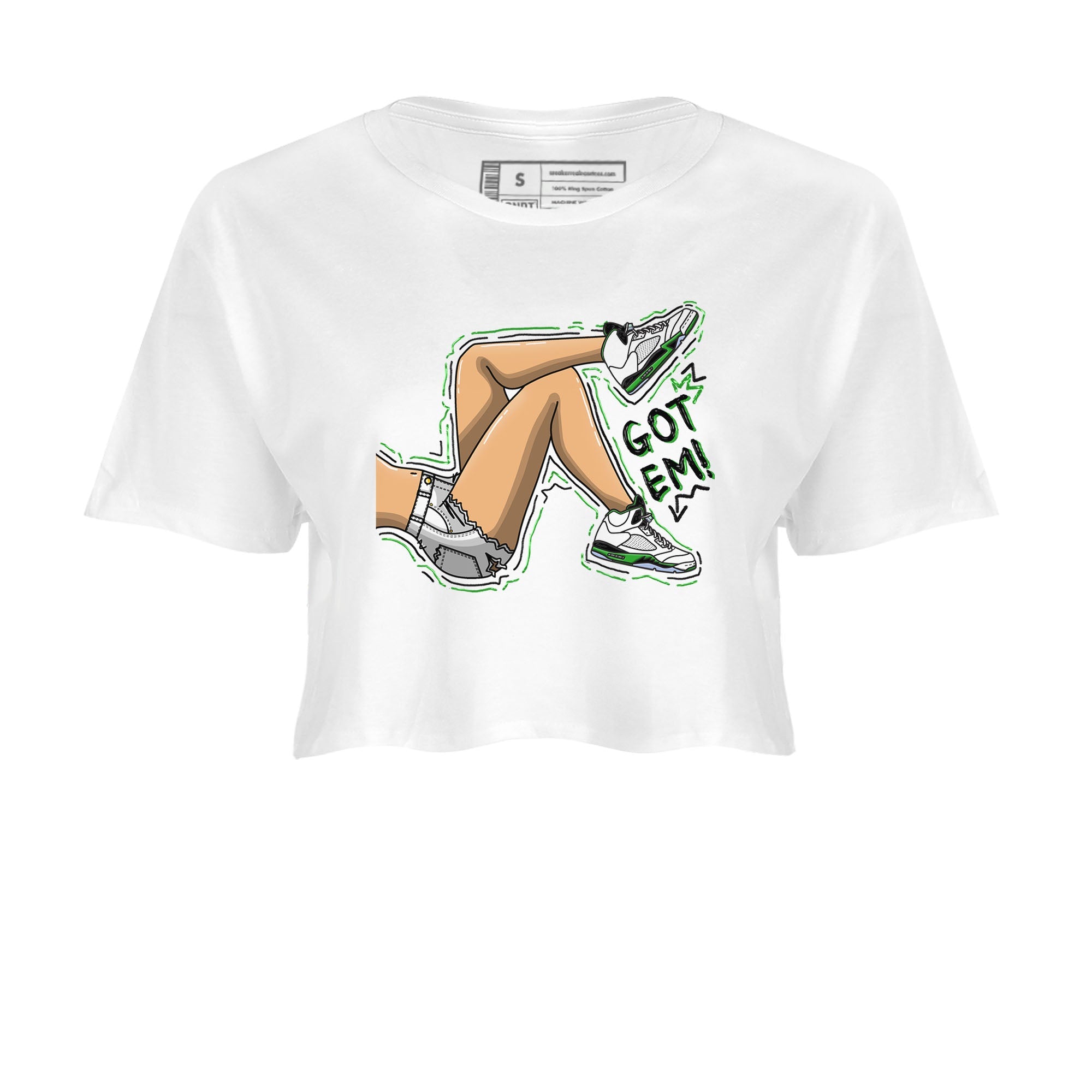 5s Lucky Green shirt to match jordans Got Em Legs sneaker tees Air Jordan 5 Lucky Green Drip Gear Zone White 2 crop length shirt