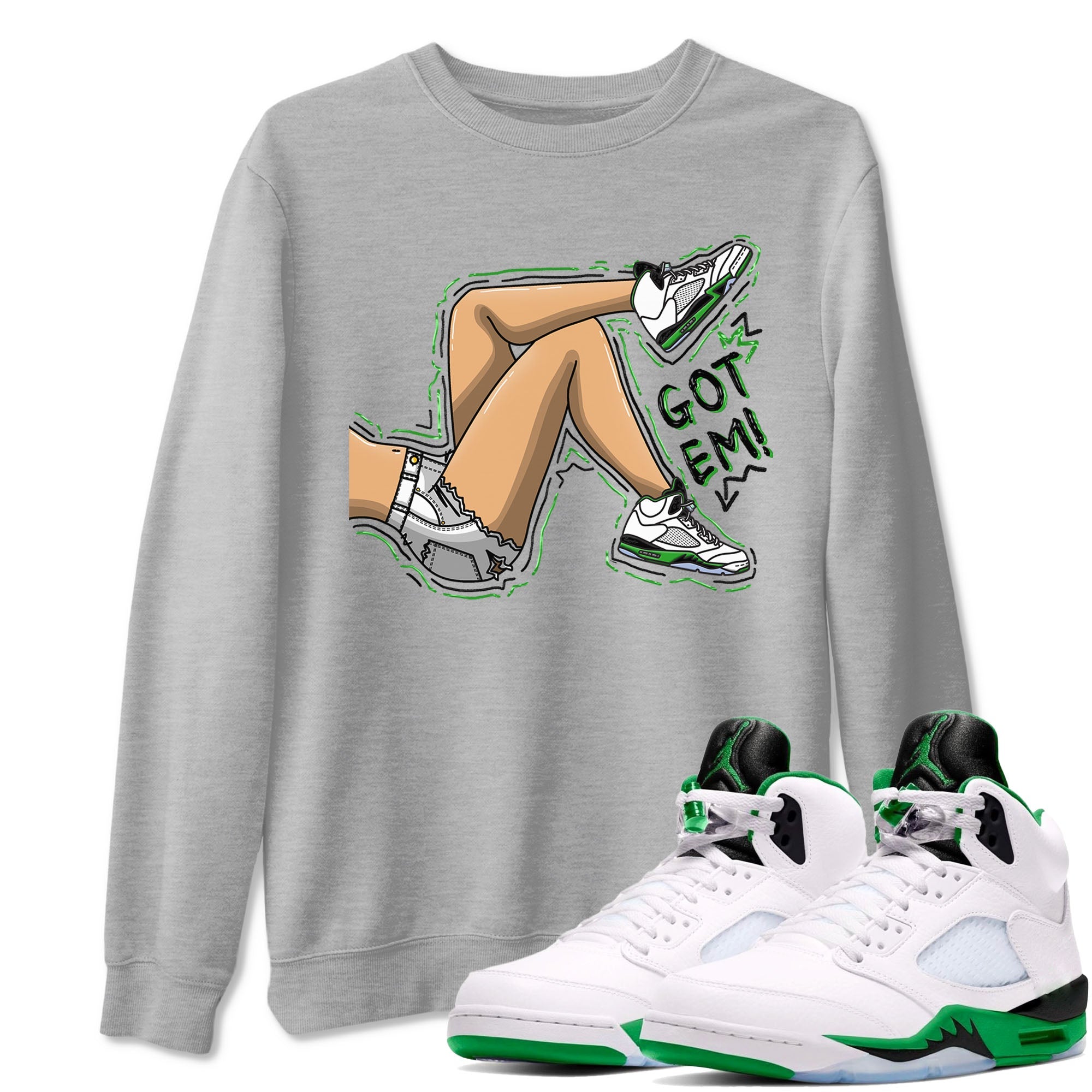 5s Lucky Green shirt to match jordans Got Em Legs sneaker tees Air Jordan 5 Lucky Green Drip Gear Zone unisex cotton Heather Grey 1 crew neck shirt