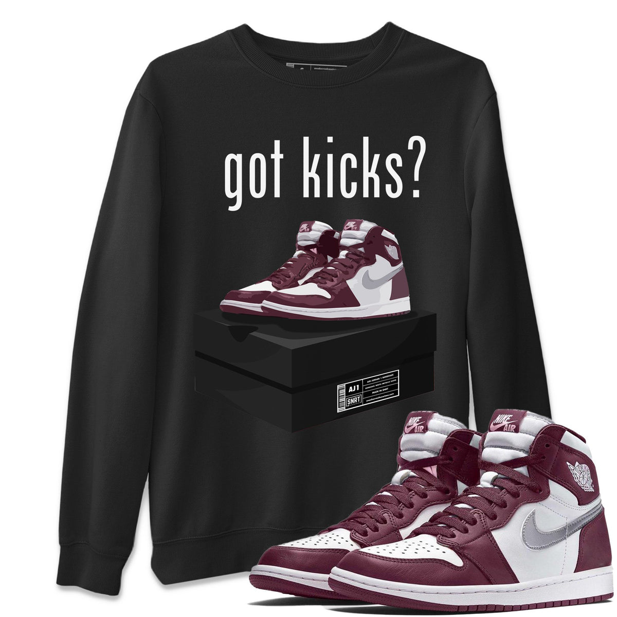 Jordan 1 Bordeaux Sneaker Matching T-Shirt Got Kicks Sneaker Tees Jordan 1 Bordeaux Sneaker Release Tees Crew Neck Tees