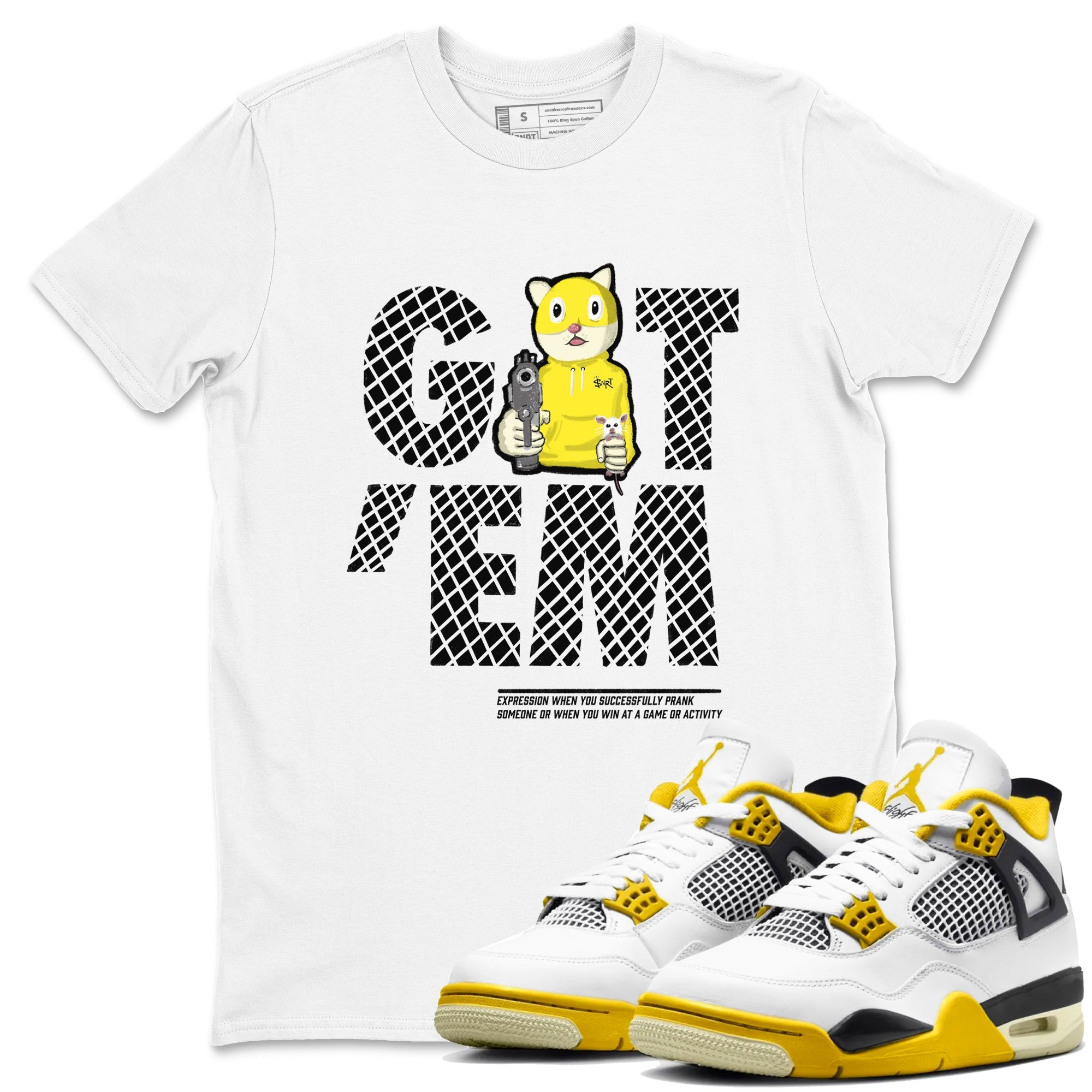 4s Vivid Sulfur shirt to match jordans Got'em Cat sneaker tees Air Jordan 4 Retro Vivid Sulfur Drip Gear Zone unisex cotton White 1 crew neck shirt