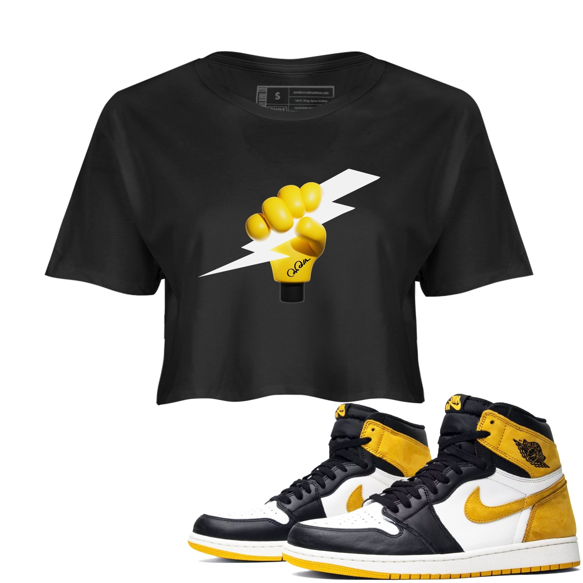 1s Yellow Ochre shirt to match jordans Grab The Thunder sneaker tees streetwear brand Air Jordan 1 Yellow Ochre Drip Gear Zone Brand Black 1 crop length shirt