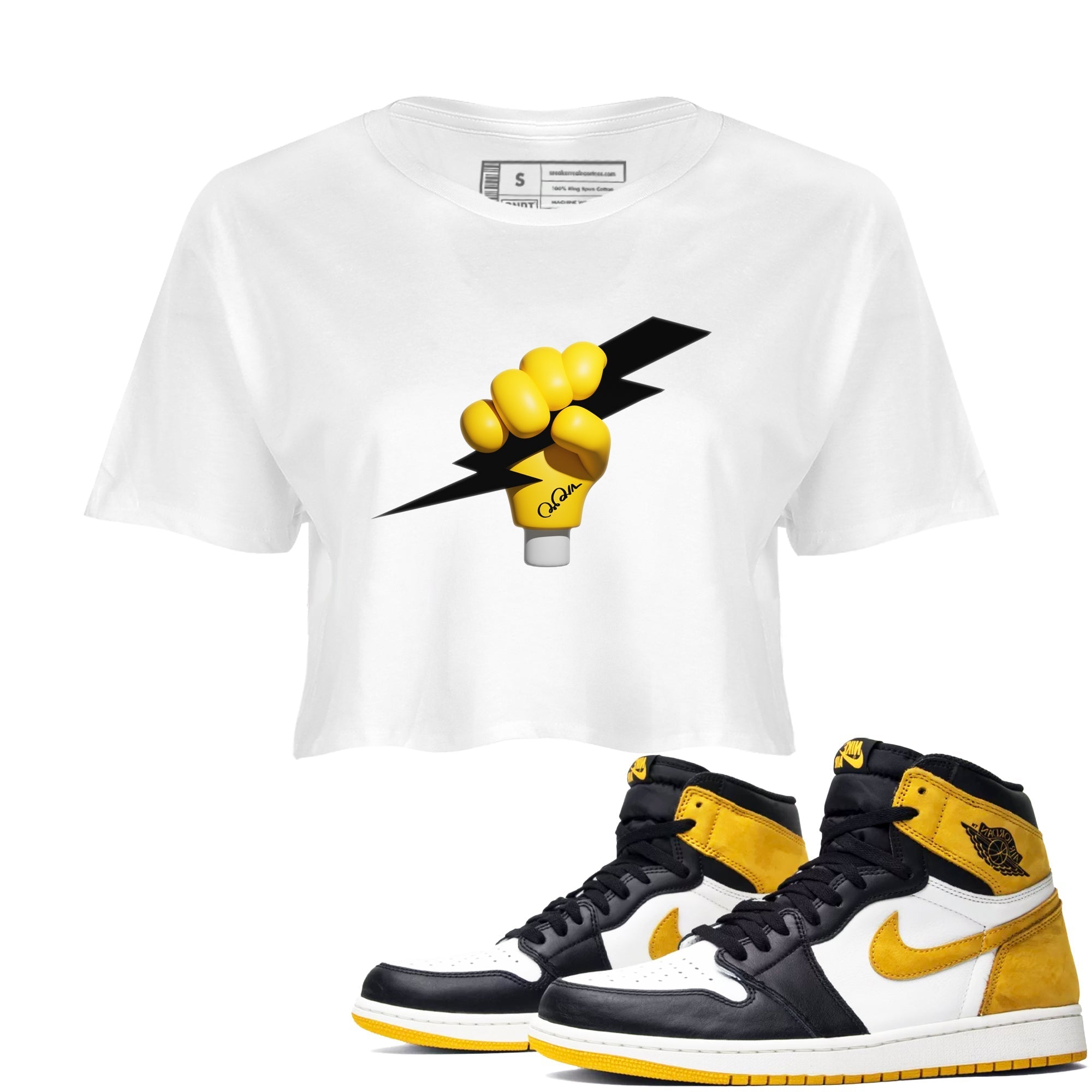 1s Yellow Ochre shirt to match jordans Grab The Thunder sneaker tees streetwear brand Air Jordan 1 Yellow Ochre Drip Gear Zone Brand White 1 crop length shirt