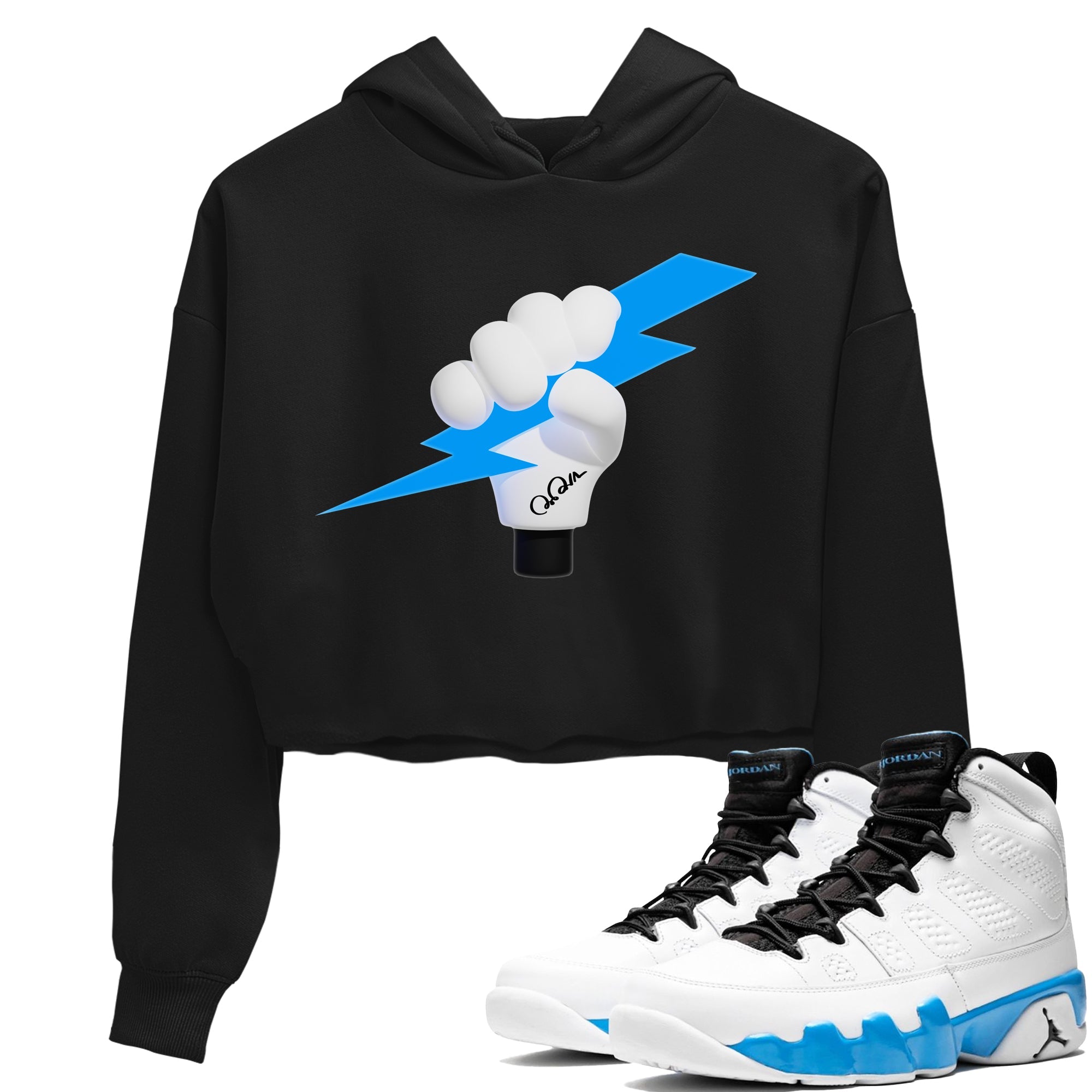 9s Powder Blue shirt to match jordans Grab The Thunder sneaker tees Air Jordan 9 Powder Blue Drip Gear Zone Black 1 crop length shirt