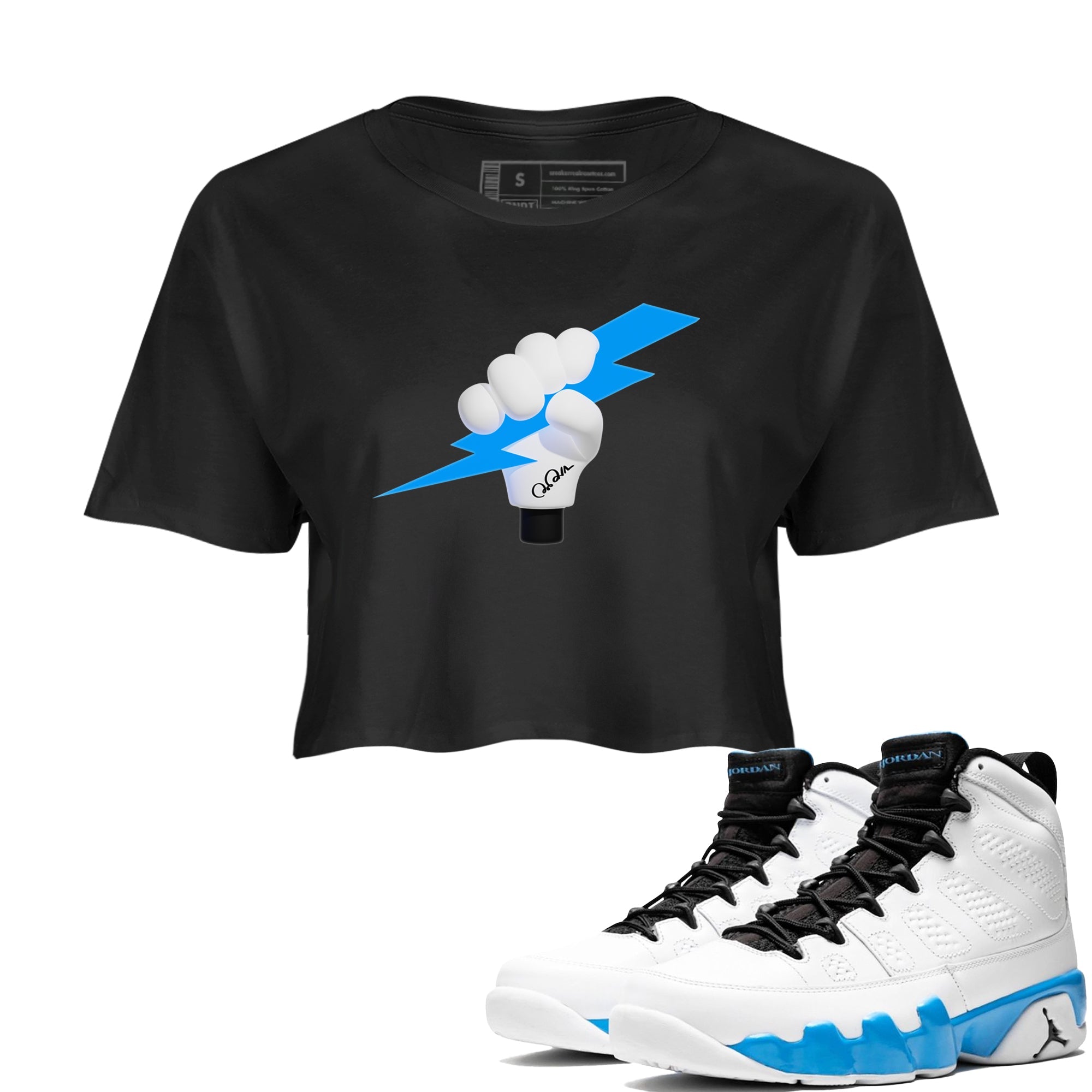 9s Powder Blue shirt to match jordans Grab The Thunder sneaker tees Air Jordan 9 Powder Blue Drip Gear Zone Black 1 crop length shirt