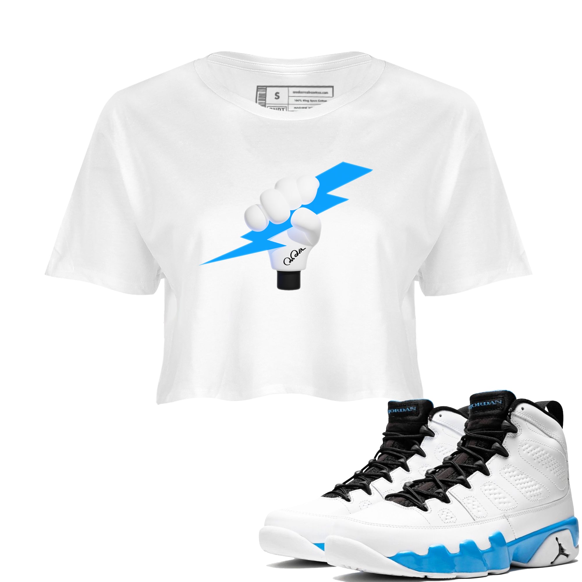 9s Powder Blue shirt to match jordans Grab The Thunder sneaker tees Air Jordan 9 Powder Blue Drip Gear Zone White 1 crop length shirt
