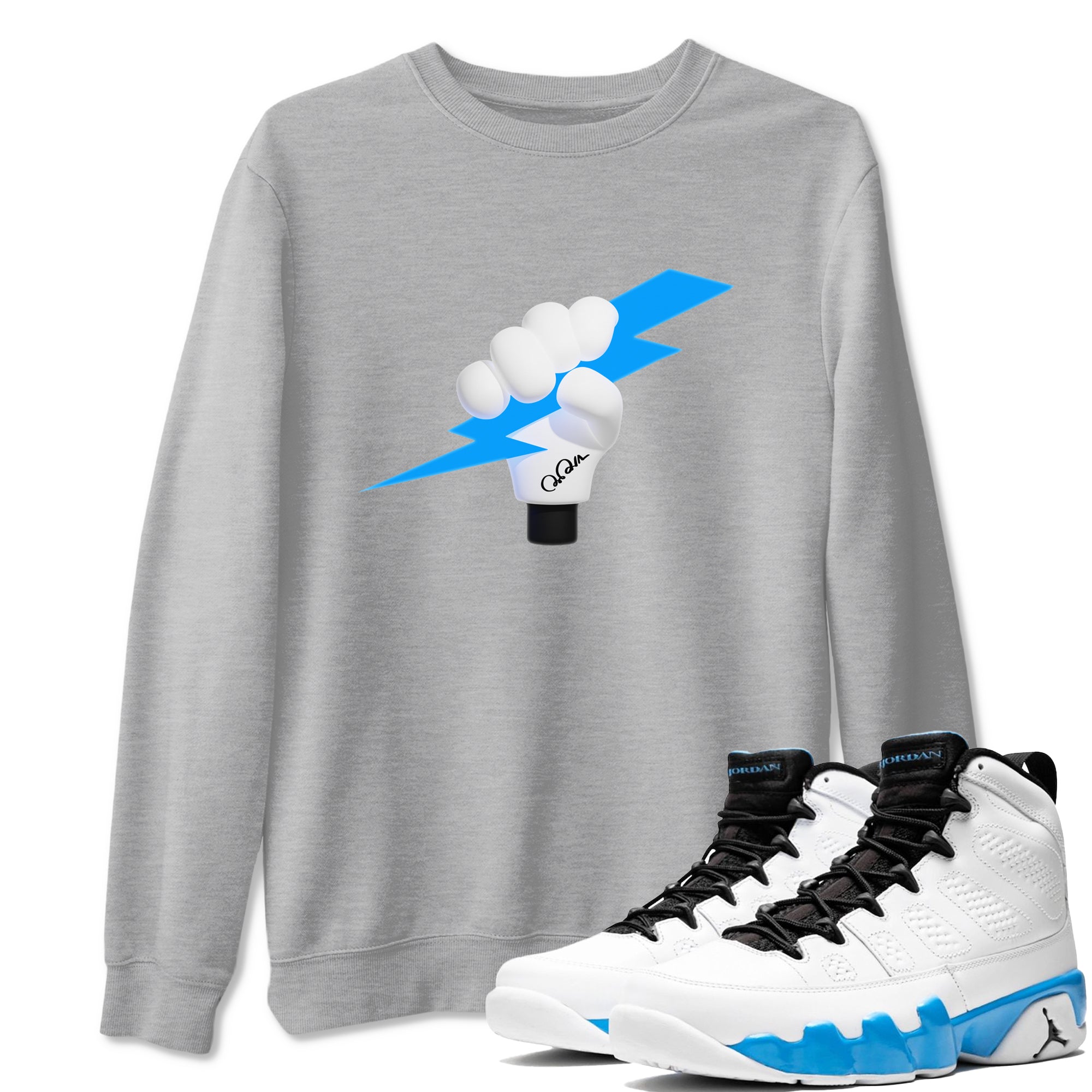 9s Powder Blue shirt to match jordans Grab The Thunder sneaker tees Air Jordan 9 Powder Blue Drip Gear Zone unisex cotton Heather Grey 1 crew neck shirt