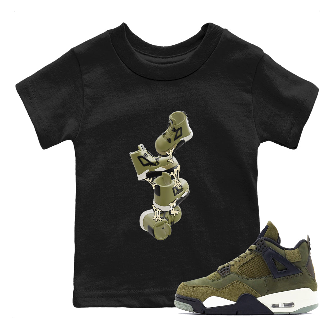 Air Jordan 4 Medium Olive shirt to match jordans streetwear brand Gum Stuck On Shoes sneaker tees AJ4 Medium Olive Drip Gear Zone Baby Toddler Black 1 T-Shirt