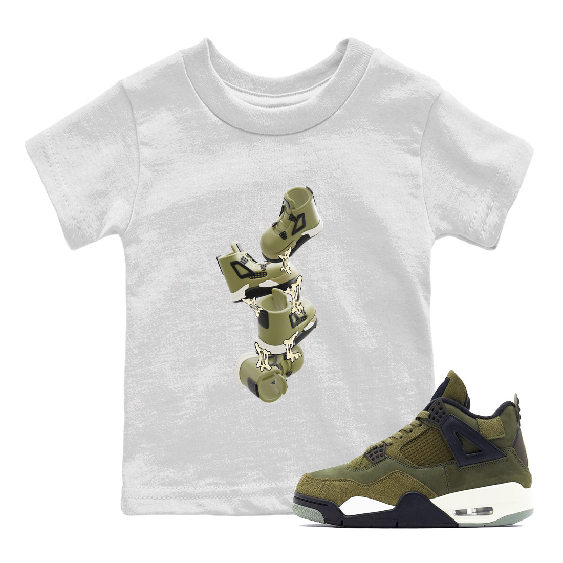 Air Jordan 4 Medium Olive shirt to match jordans streetwear brand Gum Stuck On Shoes sneaker tees AJ4 Medium Olive Drip Gear Zone Baby Toddler White 1 T-Shirt