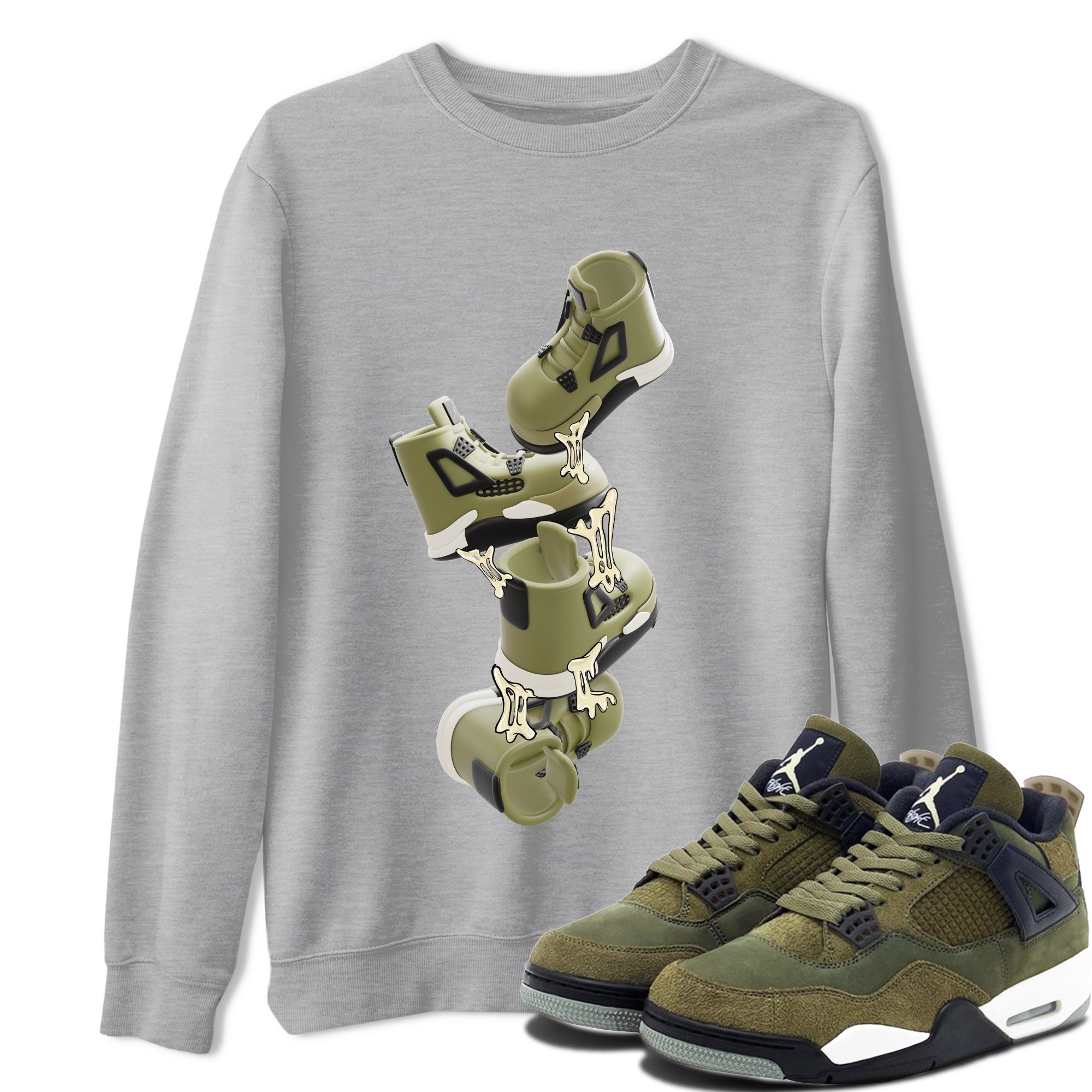 Air Jordan 4 Medium Olive shirt to match jordans streetwear brand Gum Stuck On Shoes sneaker tees AJ4 Medium Olive Drip Gear Zone Unisex Heather Grey 1 T-Shirt