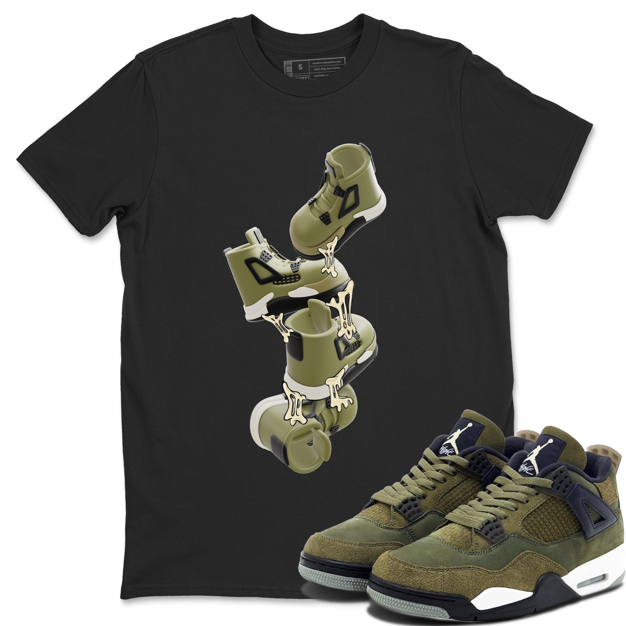 Air Jordan 4 Medium Olive shirt to match jordans streetwear brand Gum Stuck On Shoes sneaker tees AJ4 Medium Olive Drip Gear Zone Unisex Black 1 T-Shirt