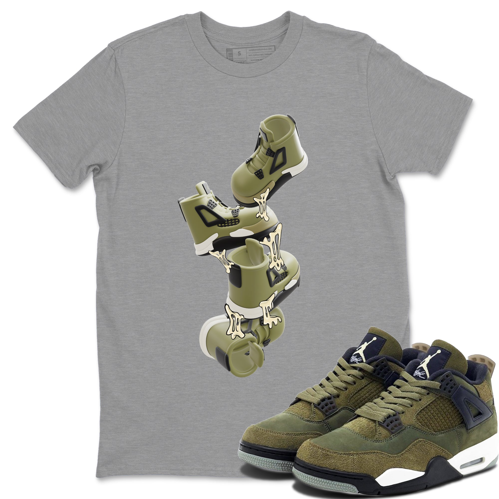 Air Jordan 4 Medium Olive shirt to match jordans streetwear brand Gum Stuck On Shoes sneaker tees AJ4 Medium Olive Drip Gear Zone Unisex Heather Grey 1 T-Shirt