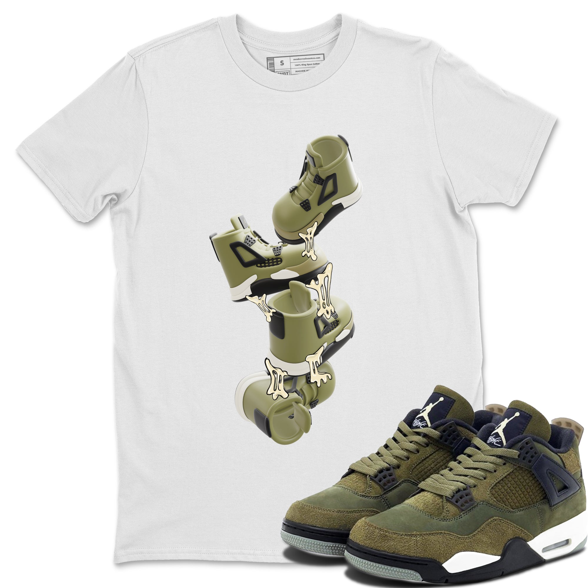 Air Jordan 4 Medium Olive shirt to match jordans streetwear brand Gum Stuck On Shoes sneaker tees AJ4 Medium Olive Drip Gear Zone Unisex White 1 T-Shirt