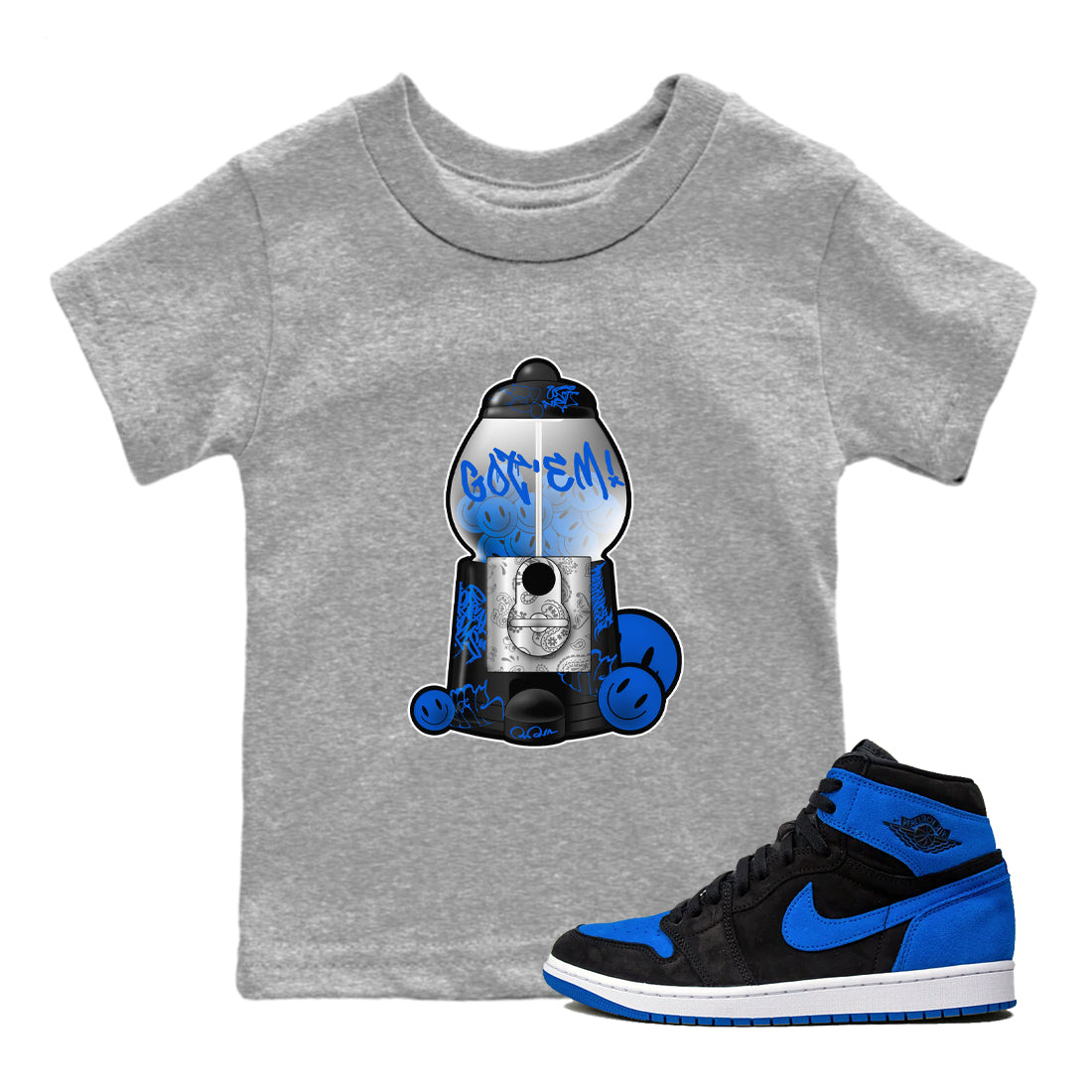 Air Jordan 1 Royal Reimagined shirt to match jordans Gumball Machine sneaker tees Graffiti AJ1 Royal Reimagined Drip Gear Zone Kids Baby Toddler sneaker shirts Heather Grey 1 T-Shirt