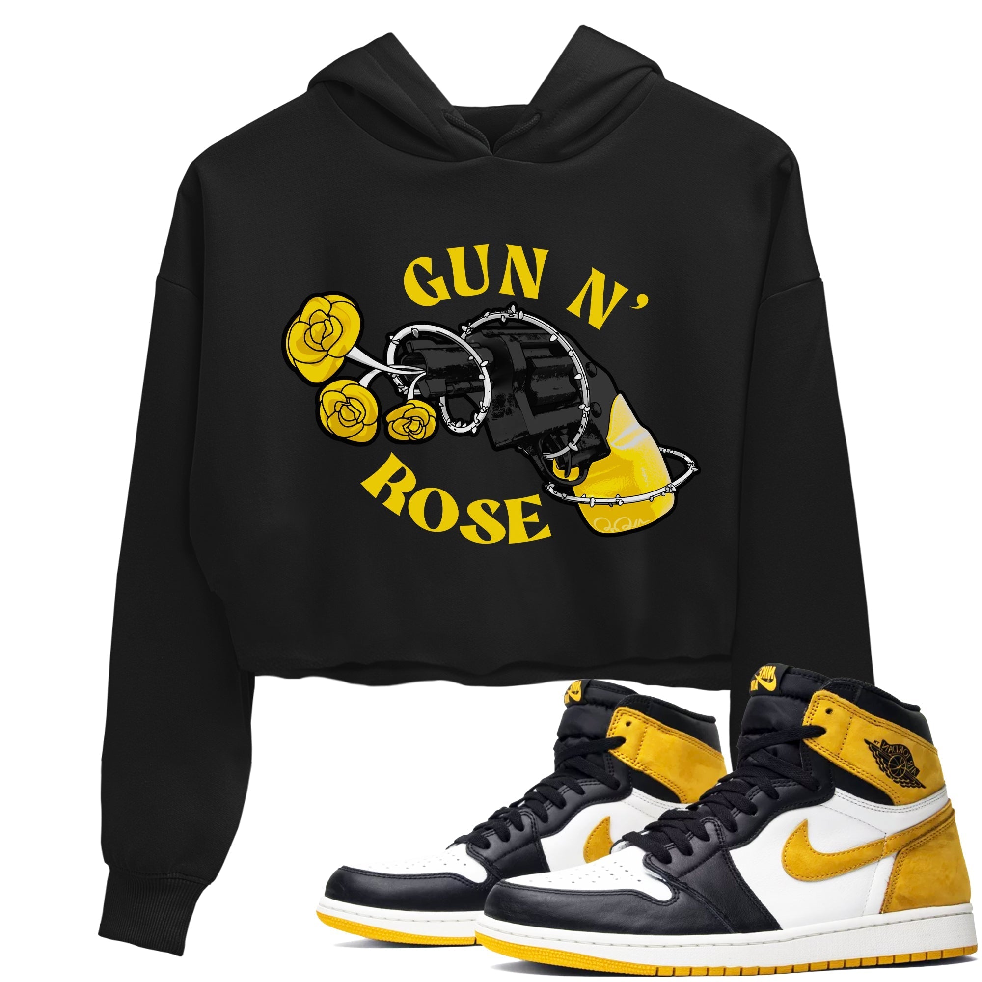 1s Yellow Ochre shirt to match jordans Gun N Rose sneaker tees streetwear brand Air Jordan 1 Yellow Ochre Drip Gear Zone Brand Black 1 crop length shirt