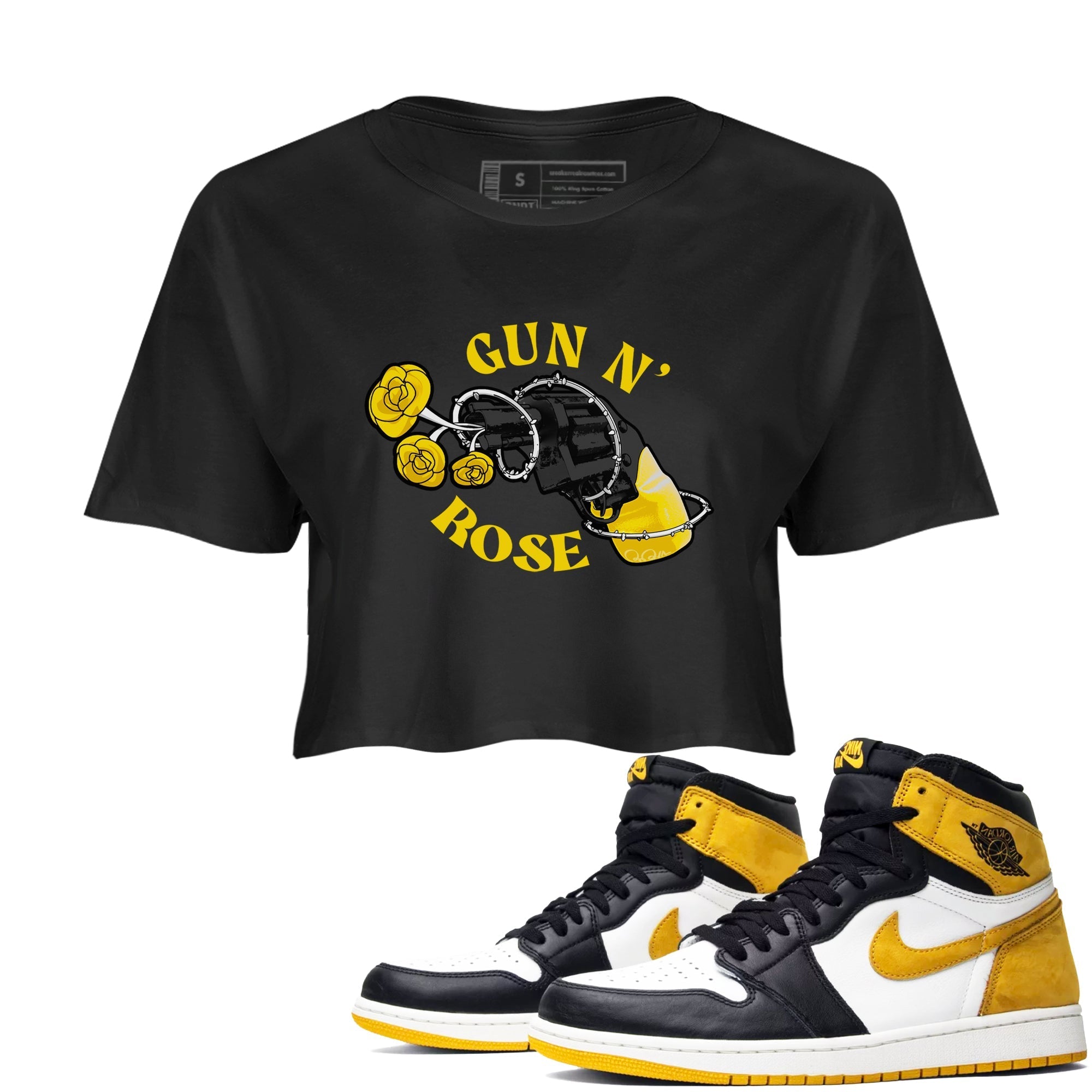 1s Yellow Ochre shirt to match jordans Gun N Rose sneaker tees streetwear brand Air Jordan 1 Yellow Ochre Drip Gear Zone Brand Black 1 crop length shirt