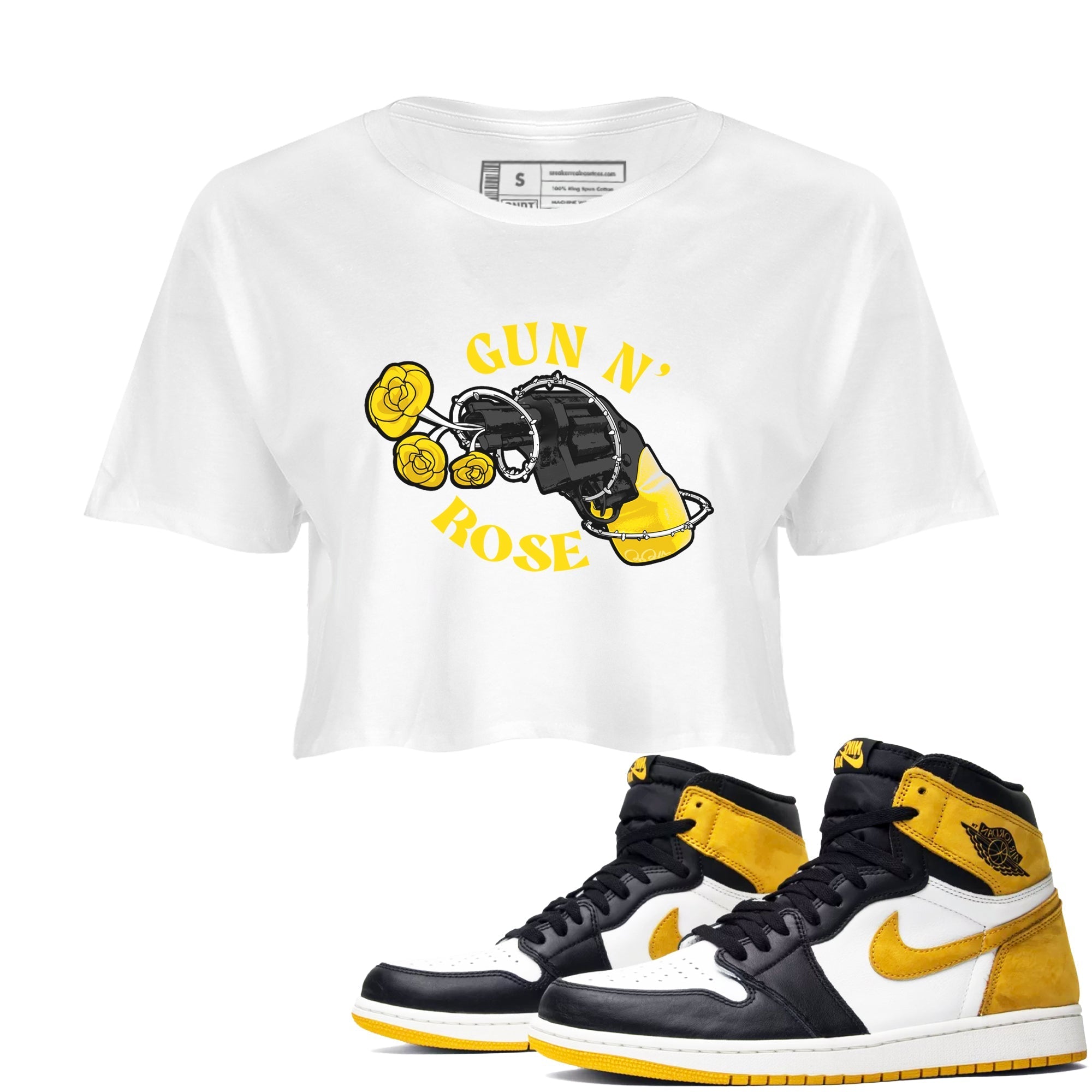 1s Yellow Ochre shirt to match jordans Gun N Rose sneaker tees streetwear brand Air Jordan 1 Yellow Ochre Drip Gear Zone Brand White 1 crop length shirt