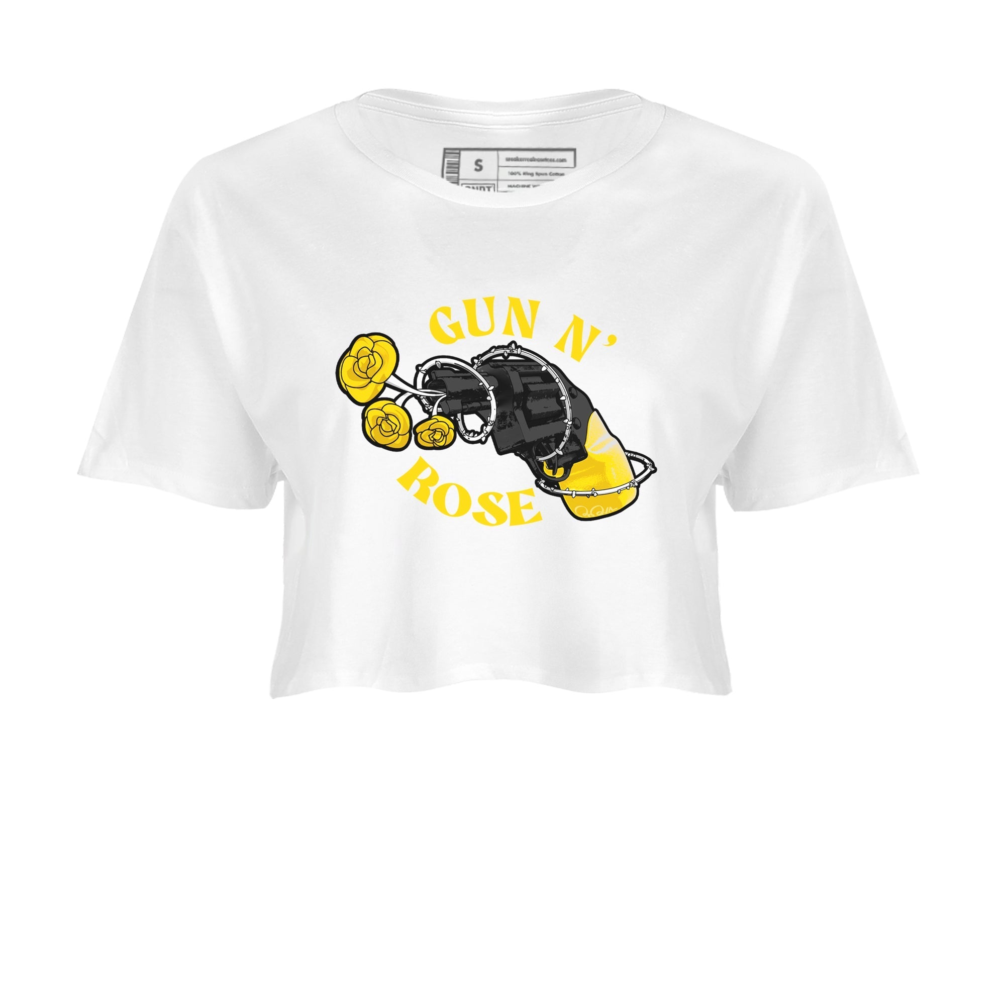 1s Yellow Ochre shirt to match jordans Gun N Rose sneaker tees streetwear brand Air Jordan 1 Yellow Ochre Drip Gear Zone Brand White 2 crop length shirt