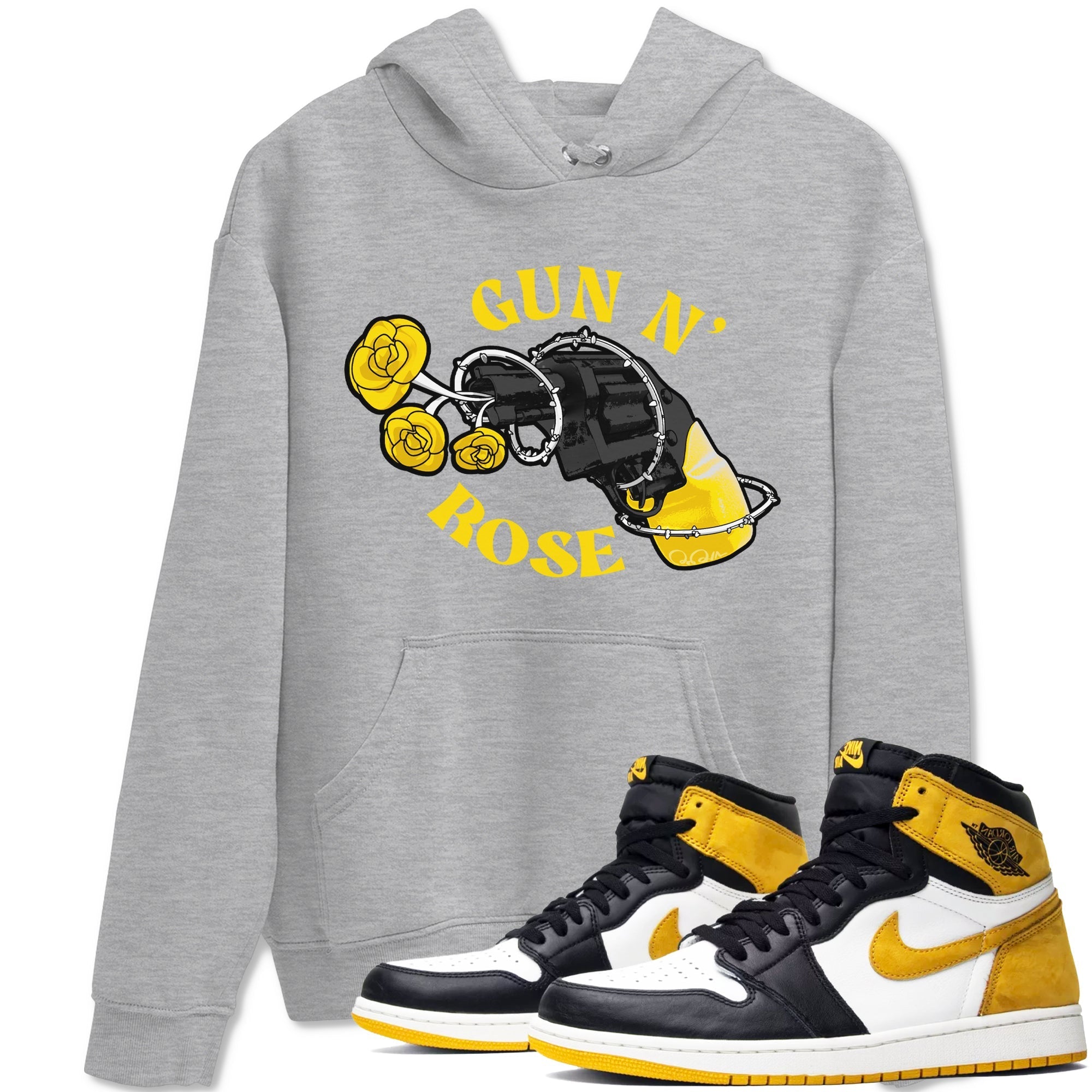 1s Yellow Ochre shirt to match jordans Gun N Rose sneaker tees streetwear brand Air Jordan 1 Yellow Ochre Drip Gear Zone Brand unisex cotton Heather Grey 1 crew neck shirt