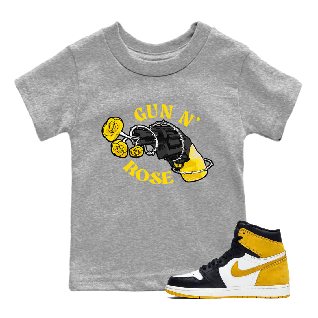1s Yellow Ochre shirt to match jordans Gun N Rose sneaker tees streetwear brand Air Jordan 1 Yellow Ochre Drip Gear Zone Brand baby toddler Heather Grey 1 cotton Shirt
