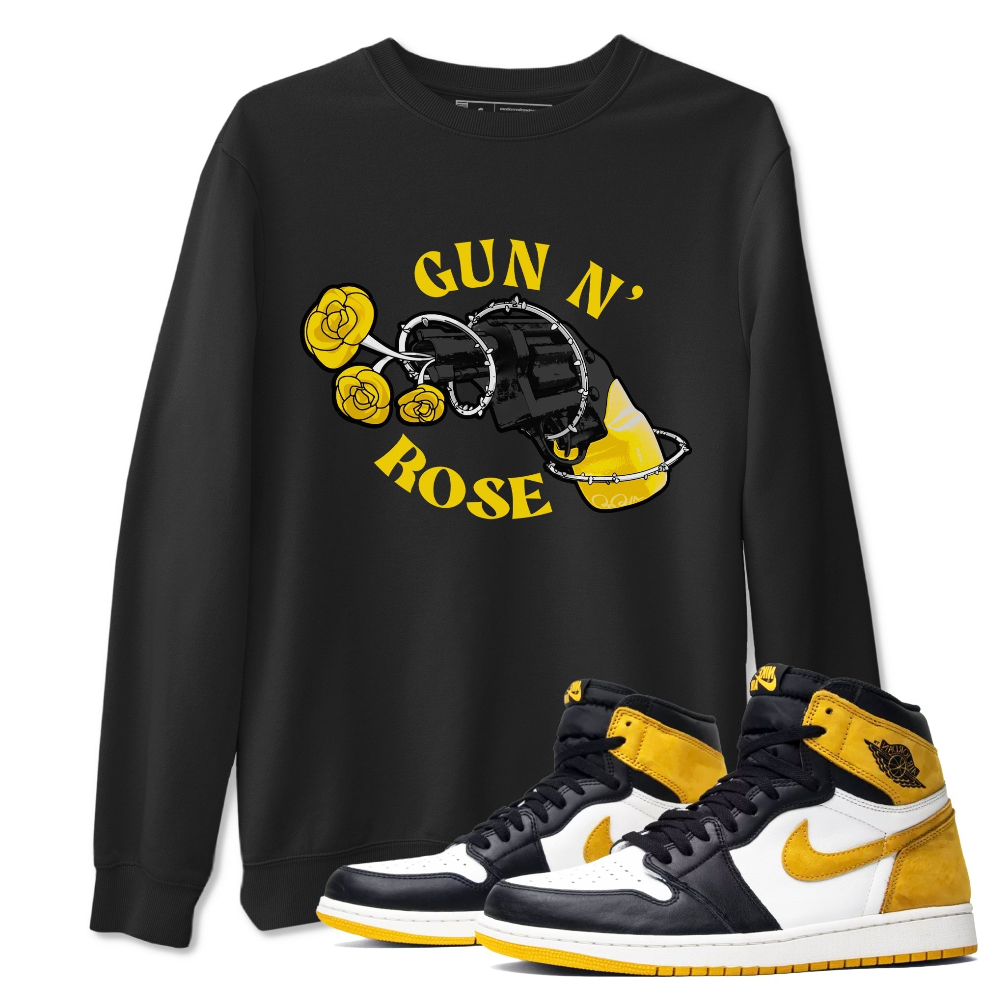 1s Yellow Ochre shirt to match jordans Gun N Rose sneaker tees streetwear brand Air Jordan 1 Yellow Ochre Drip Gear Zone Brand unisex cotton Black 1 crew neck shirt