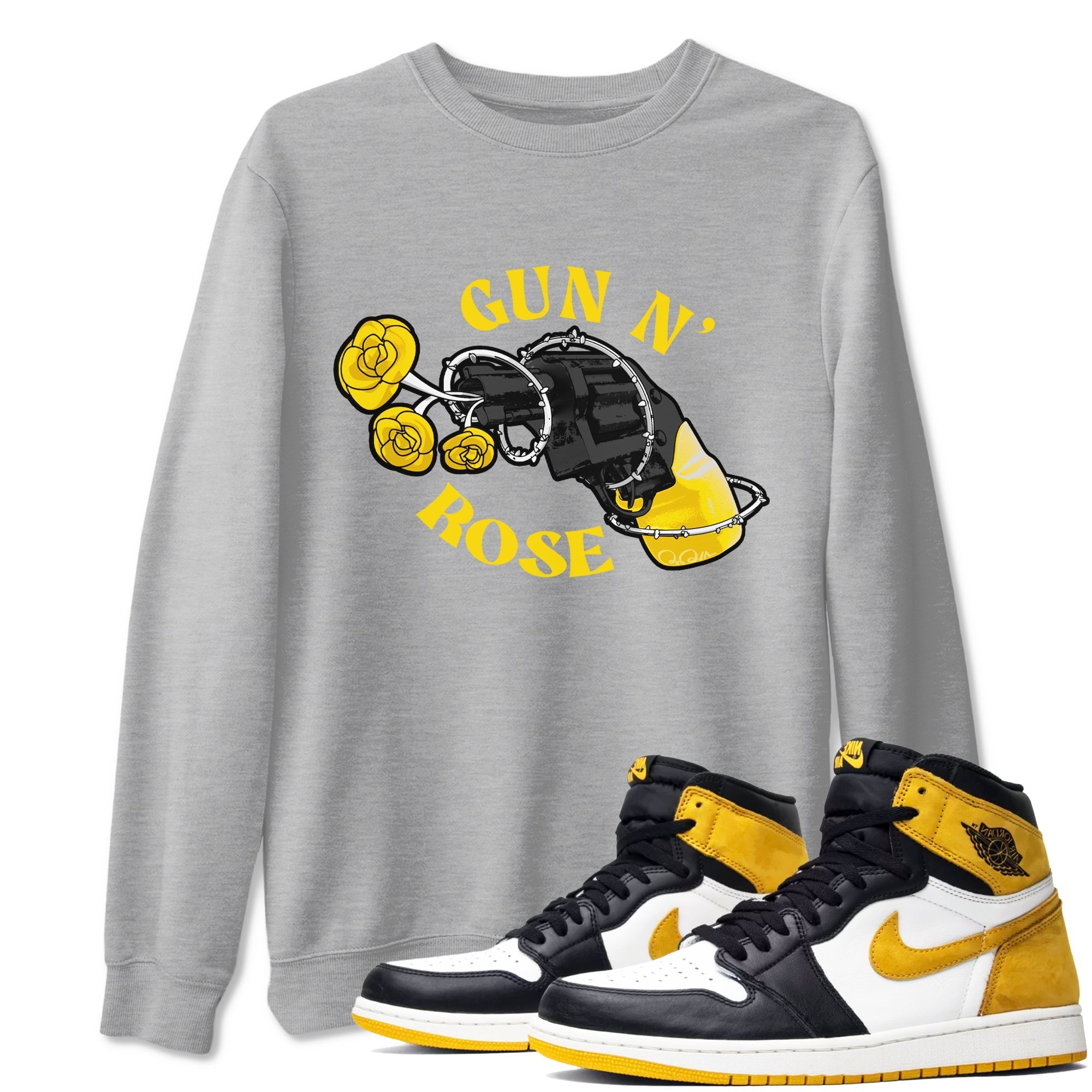1s Yellow Ochre shirt to match jordans Gun N Rose sneaker tees streetwear brand Air Jordan 1 Yellow Ochre Drip Gear Zone Brand unisex cotton Heather Grey 1 crew neck shirt