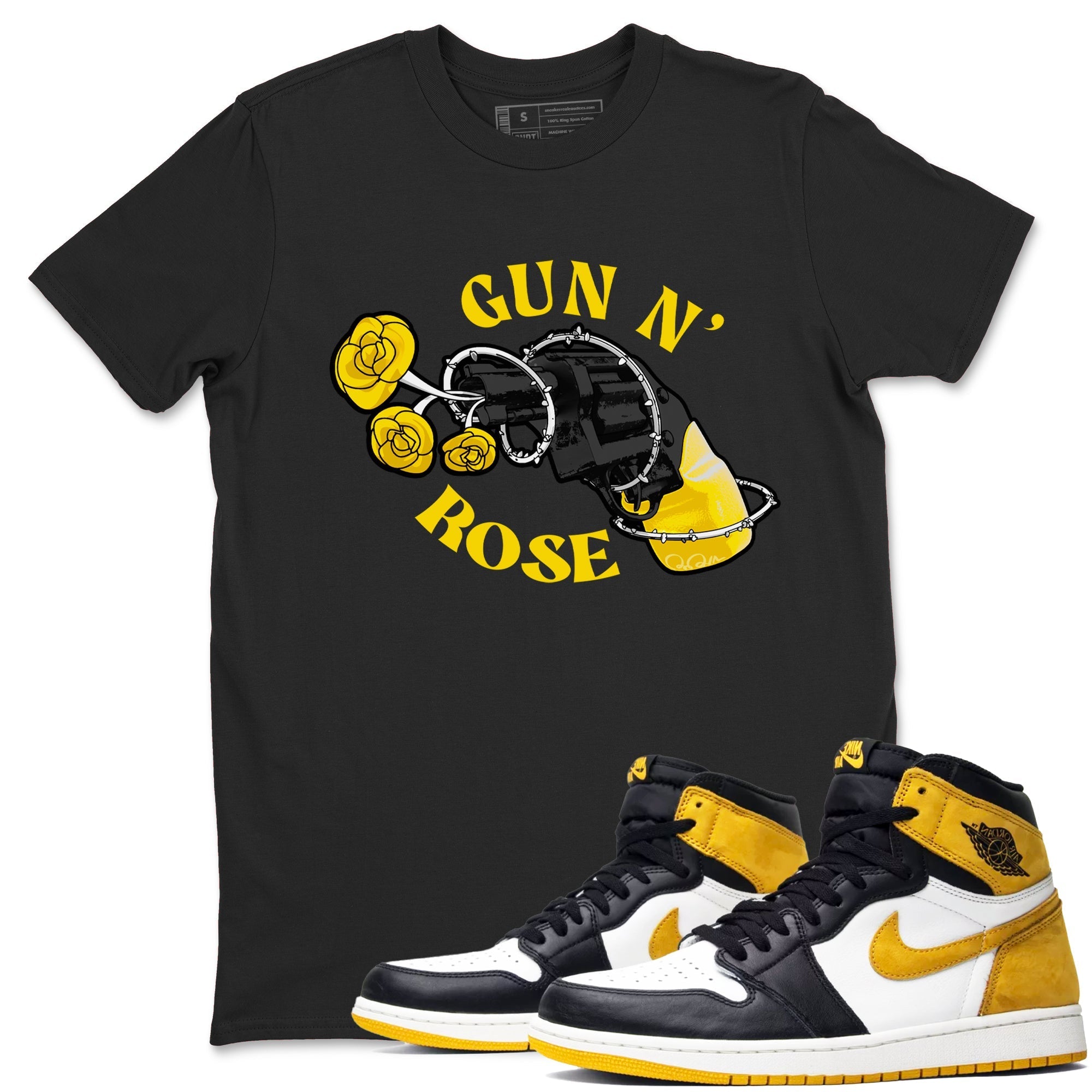 1s Yellow Ochre shirt to match jordans Gun N Rose sneaker tees streetwear brand Air Jordan 1 Yellow Ochre Drip Gear Zone Brand unisex cotton Black 1 crew neck shirt