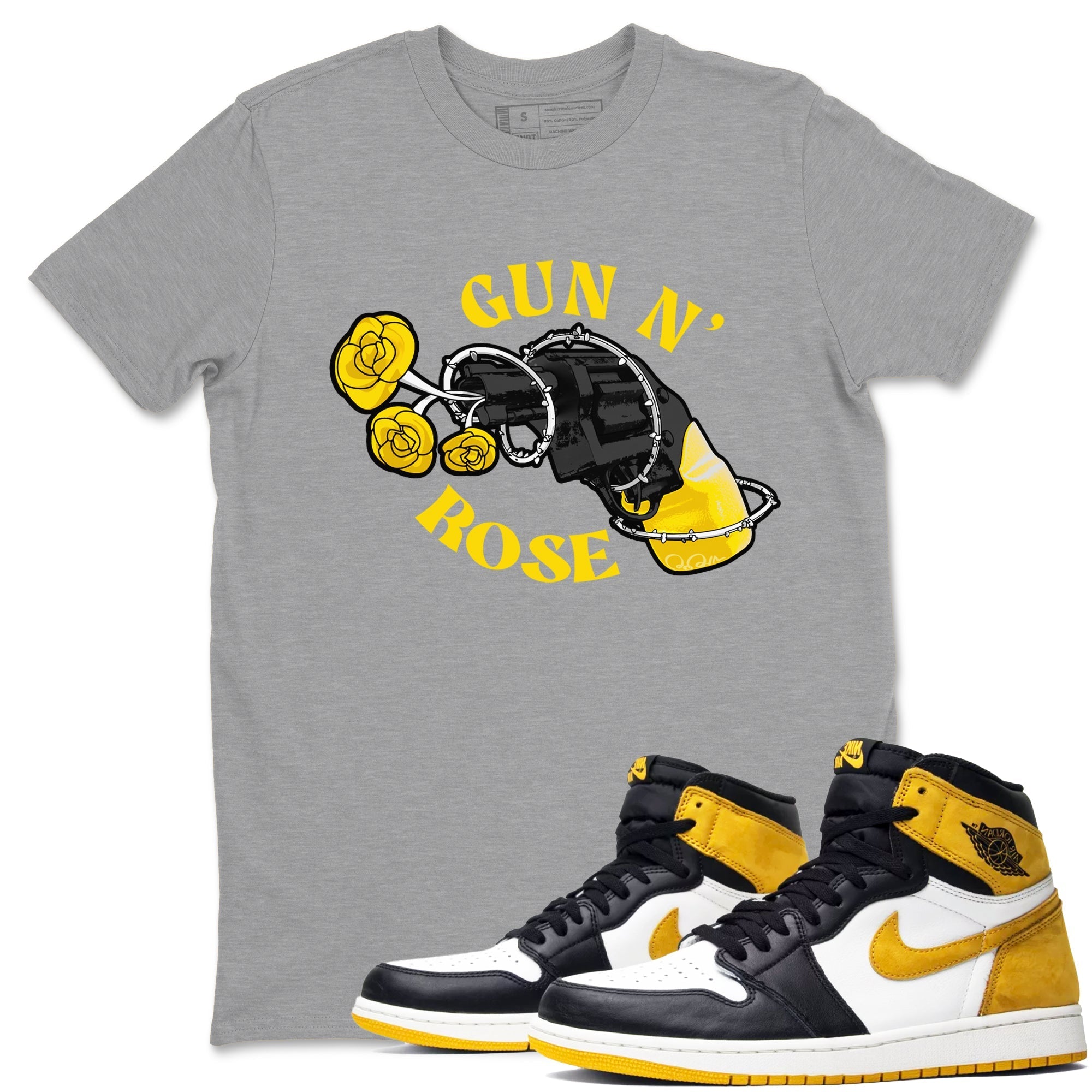 1s Yellow Ochre shirt to match jordans Gun N Rose sneaker tees streetwear brand Air Jordan 1 Yellow Ochre Drip Gear Zone Brand unisex cotton Heather Grey 1 crew neck shirt