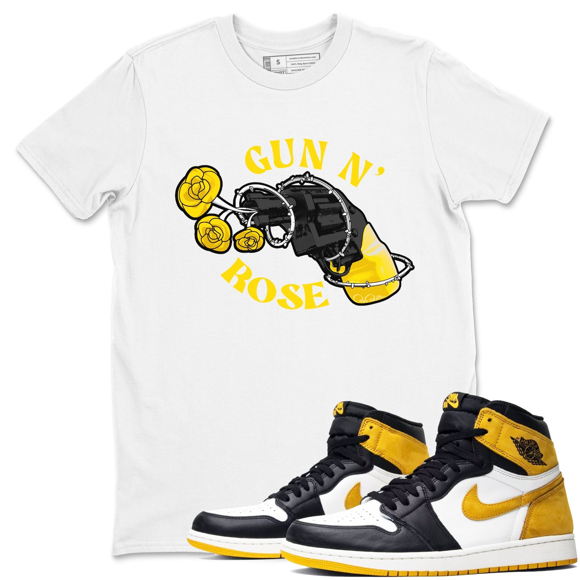 1s Yellow Ochre shirt to match jordans Gun N Rose sneaker tees streetwear brand Air Jordan 1 Yellow Ochre Drip Gear Zone Brand unisex cotton White 1 crew neck shirt