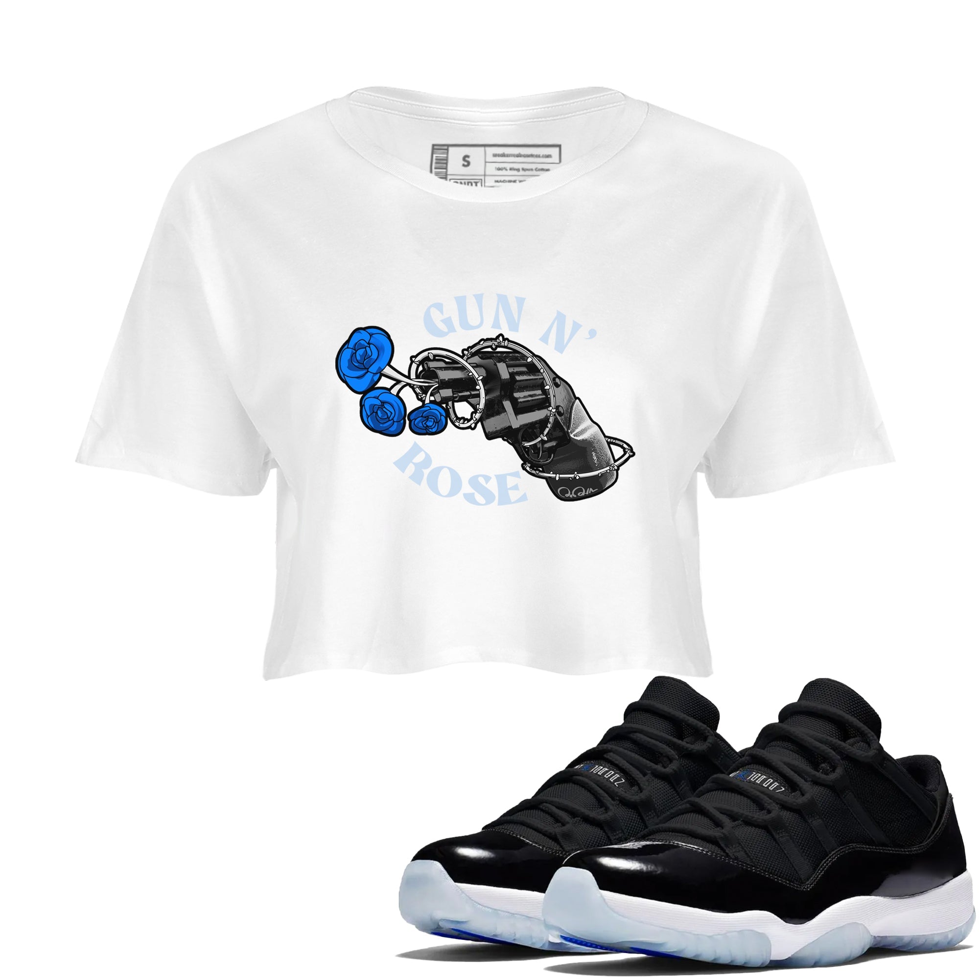 Air Jordan 11 Space shirt to match jordans Gun N Rose sneaker tees AJ11 Space Drip Gear Zone White 1 crop length shirt
