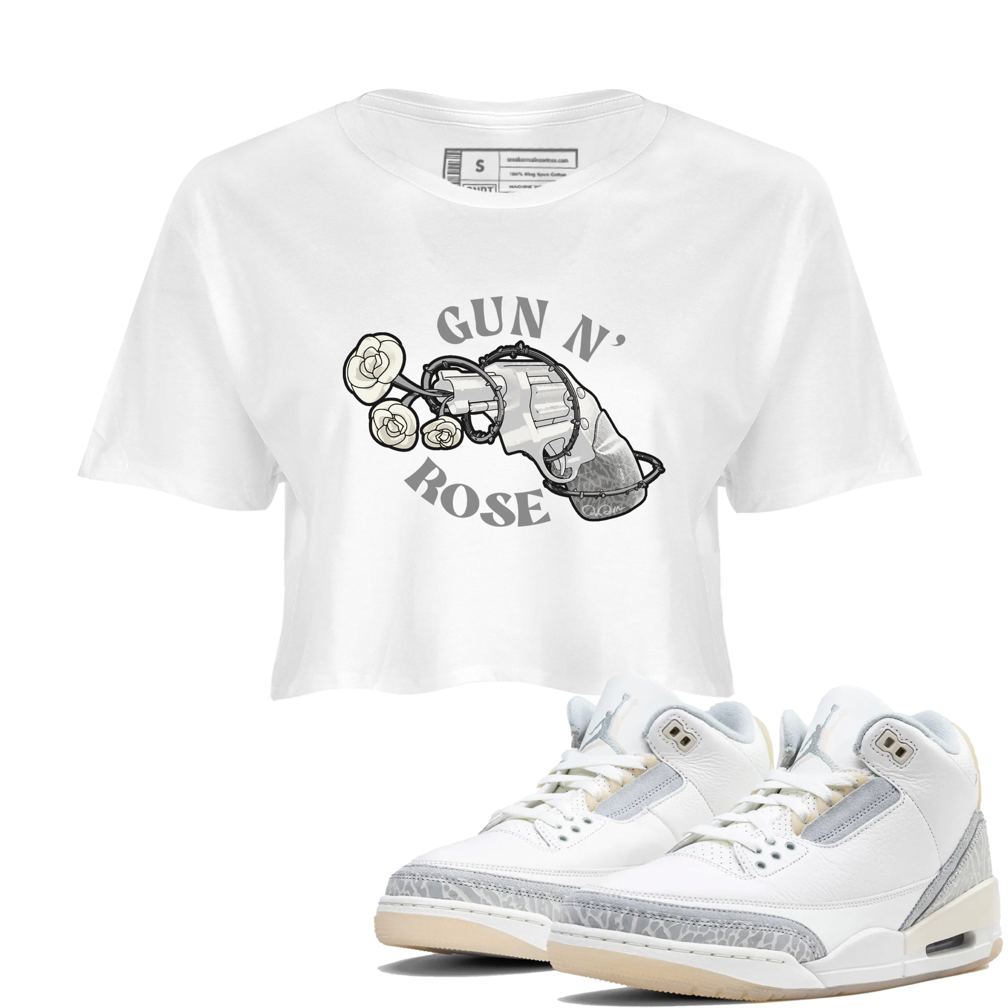 3s Ivory shirt to match jordans Gun N Rose sneaker tees Air Jordan 3 Ivory Drip Gear Zone White 1 crop length shirt