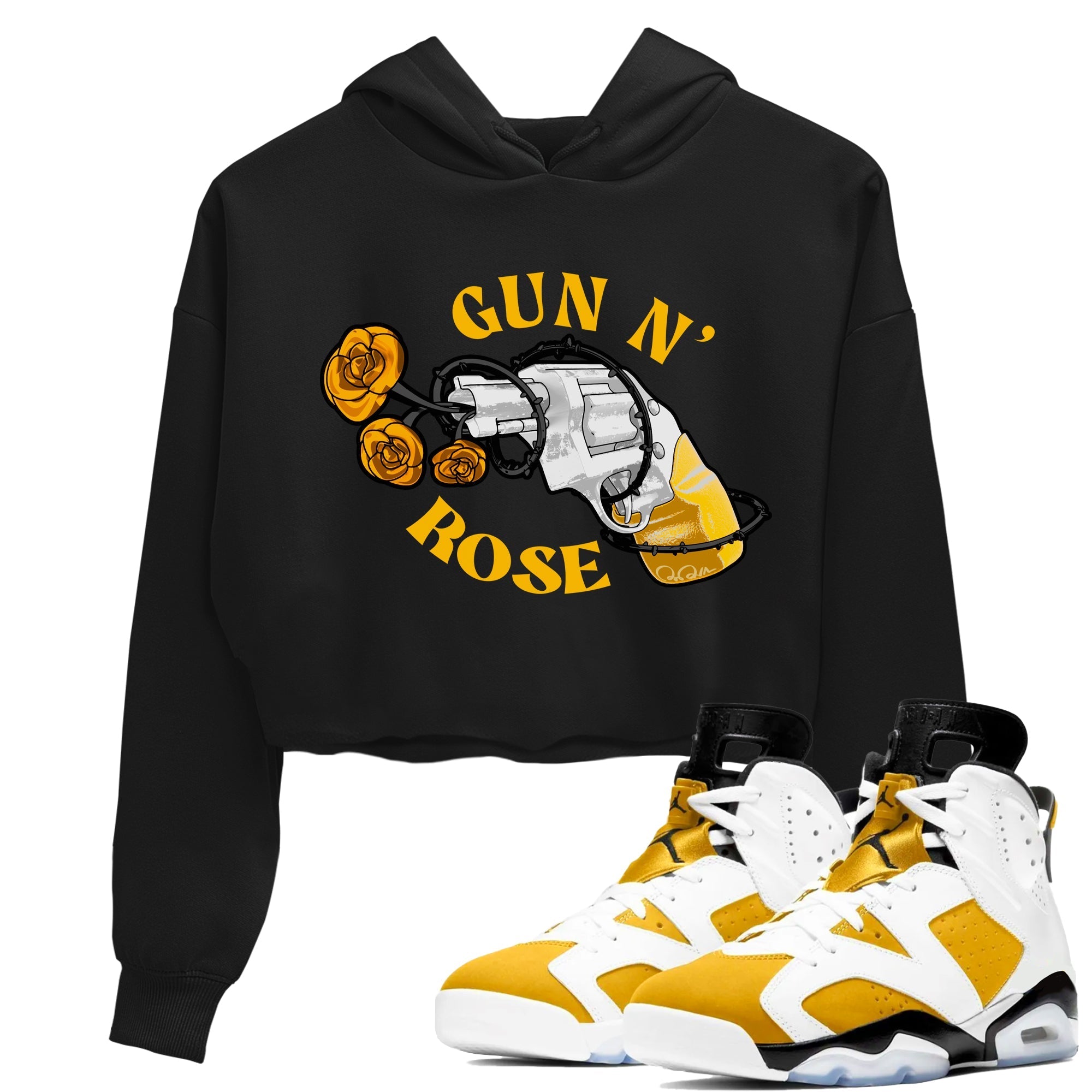 Air Jordan 6 Yellow Ochre shirt to match jordans Gun N Rose sneaker tees streetwear brand AJ6 Yellow Ochre Drip Gear Zone Brand Black 1 crop length shirt