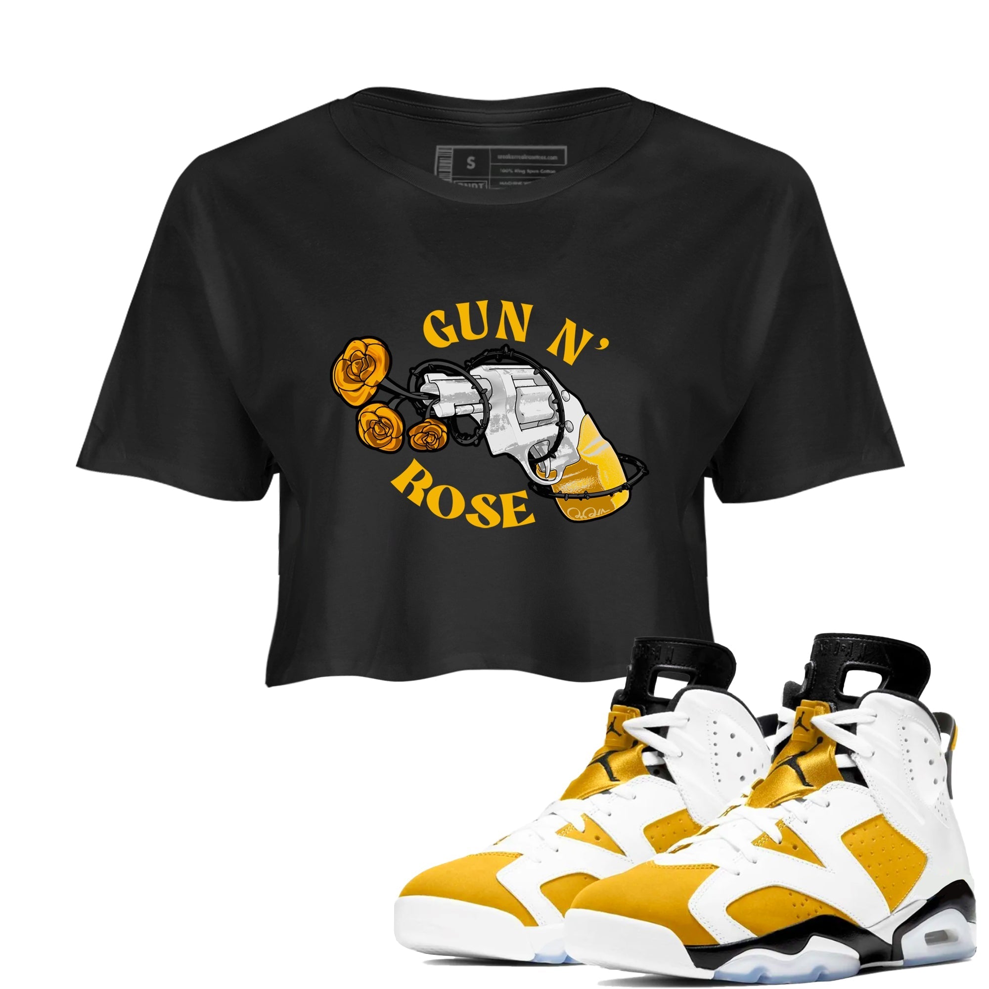 Air Jordan 6 Yellow Ochre shirt to match jordans Gun N Rose sneaker tees streetwear brand AJ6 Yellow Ochre Drip Gear Zone Brand Black 1 crop length shirt