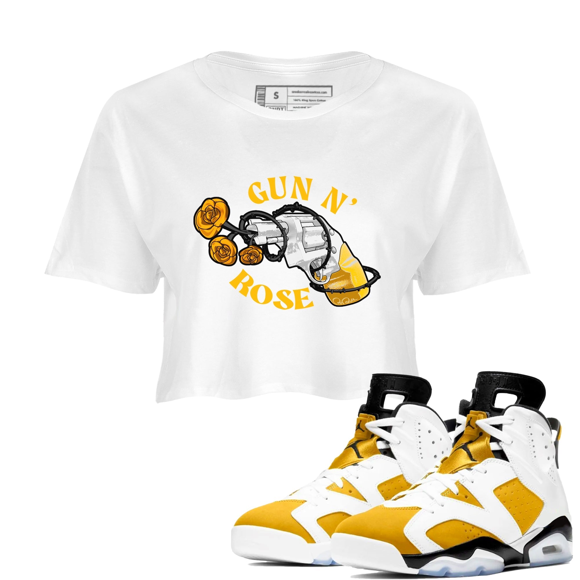 Air Jordan 6 Yellow Ochre shirt to match jordans Gun N Rose sneaker tees streetwear brand AJ6 Yellow Ochre Drip Gear Zone Brand White 1 crop length shirt